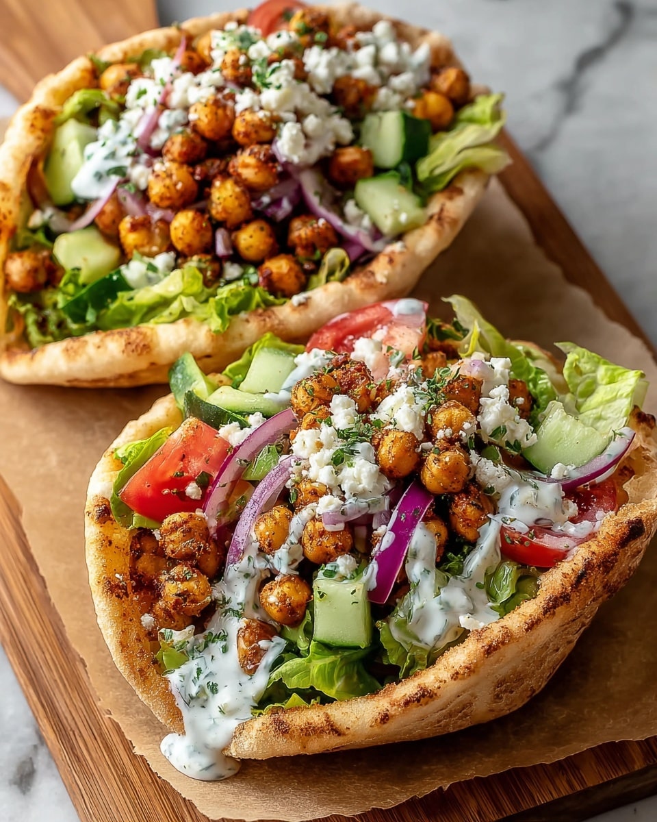 Three pita bread pockets are filled and stacked close together, each with a base layer of green leafy lettuce followed by a heaping layer of golden-brown roasted chickpeas. On top of the chickpeas are sliced cucumber chunks, halved red cherry tomatoes, and thin slices of purple onion. Crumbled white feta cheese is scattered over everything, with drizzles of white creamy dressing laced on top. The pita bread is lightly toasted with visible char marks. The dish sits on a white marbled surface. photo taken with an iphone --ar 4:5 --v 7
