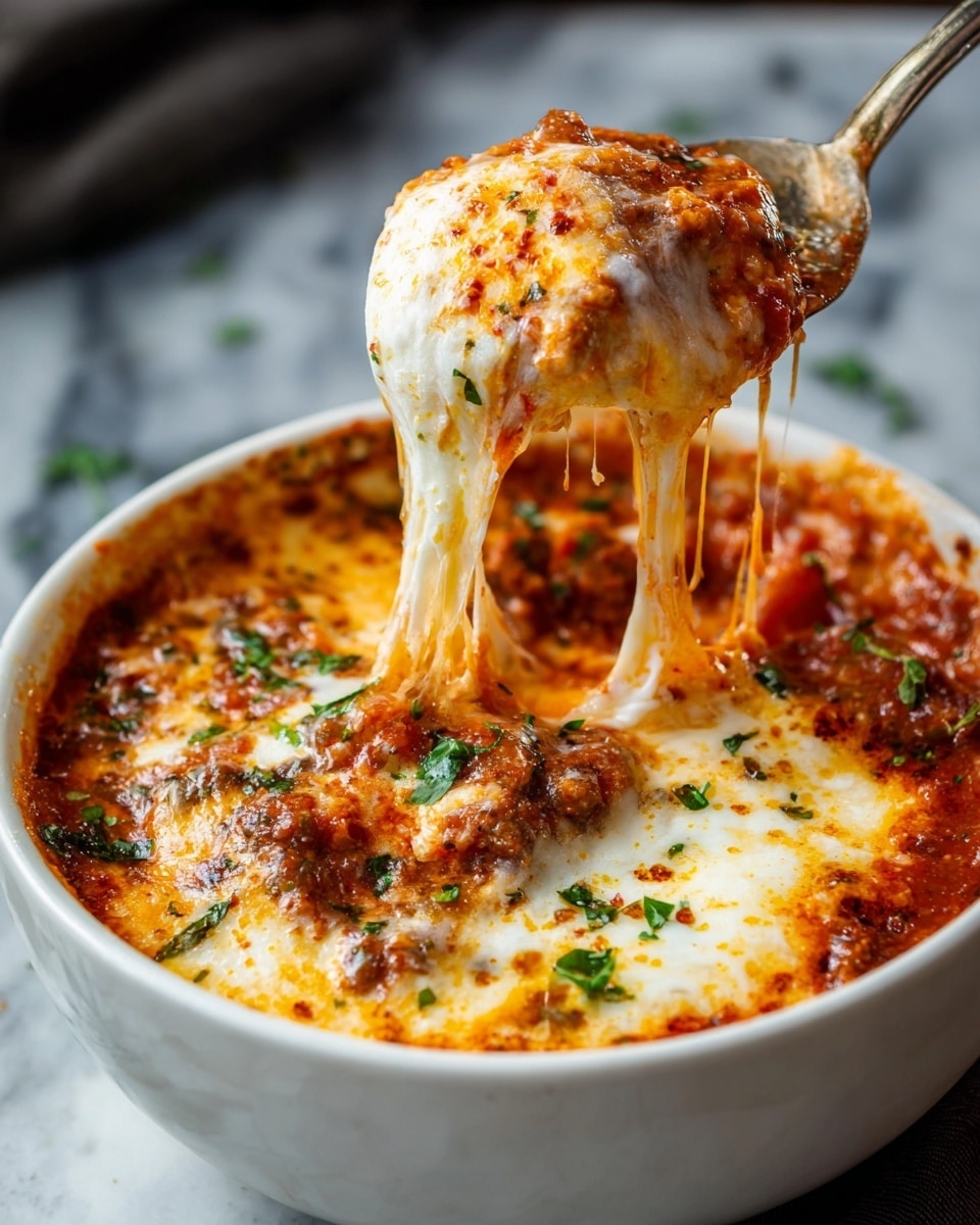 A close-up of a white bowl filled with a creamy baked dish showing three main layers: the bottom layer is a chunky red tomato sauce with pieces of browned meat, the middle layer is a melted white ricotta cheese mixed unevenly, and the top layer is golden orange melted mozzarella cheese stretching as a spoon lifts some of it, with bits of green herbs sprinkled on top. The bowl sits on a white marbled surface, and the spoon is holding the cheesy mixture above the bowl, creating long gooey cheese strands. Photo taken with an iphone --ar 4:5 --v 7