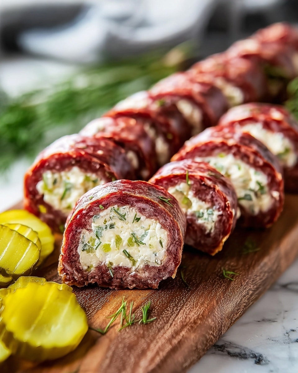 The image shows several pieces of rolled appetizer on a wooden board, each piece consisting of a thin outer layer of reddish salami with white fat spots, wrapped tightly around a creamy white cheese filling mixed with small green herbs and chopped scallions. The rolls are cut into thick slices, neatly lined up in two rows stretching back, with a couple of yellow-green pickle slices placed near the front of the board. The background is soft with some blurred green herbs on a white marbled surface. photo taken with an iphone --ar 4:5 --v 7