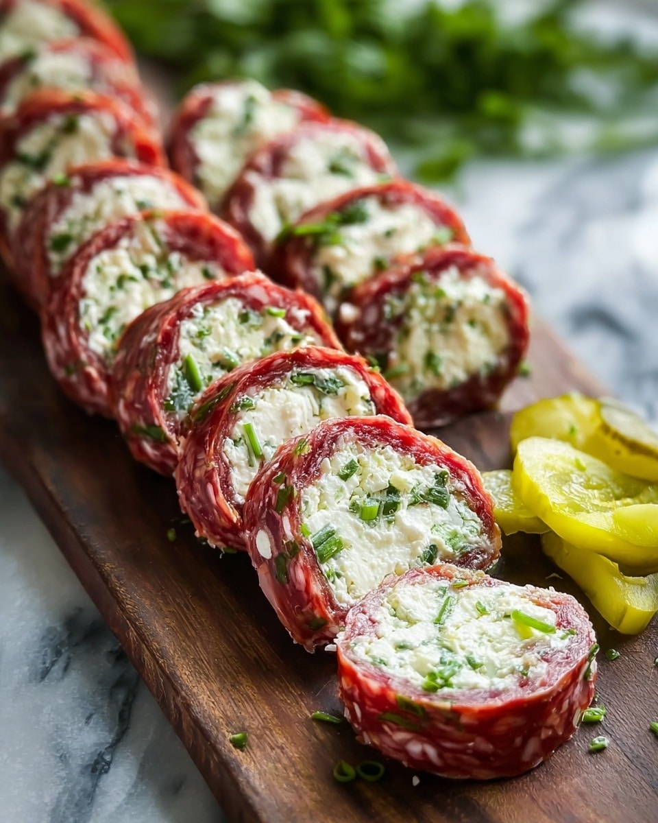 This image shows several pieces of sausage rolls neatly lined up on a wooden board. Each roll has two layers: the outer layer is dark red sausage with white fat spots, smooth and shiny, and the inner layer is creamy white cheese mixed with small green herb pieces, giving a textured look. The rolls are sliced to show the filling clearly. In the foreground, there are round yellowish-green pickle slices with visible seeds. The background shows some blurred green herbs, and the whole scene is set on a white marbled surface. photo taken with an iphone --ar 4:5 --v 7