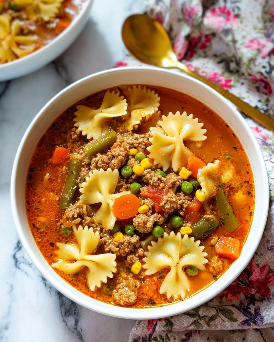 Two light blue bowls filled with a colorful soup sit on a white marbled surface. The soup has a reddish broth base with chunks of ground meat, bright yellow corn kernels, orange carrot pieces, green peas, and green beans scattered throughout. Flat, wide pasta pieces shaped like bow ties rest on top, slightly curled and mixed with the vegetables and meat. Fresh green herbs are sprinkled on the surface, adding a touch of brightness. One bowl is in clear focus in the front, while the other bowl peeks from the top left corner. A floral napkin and two golden spoons rest near the bowls. photo taken with an iphone --ar 4:5 --v 7