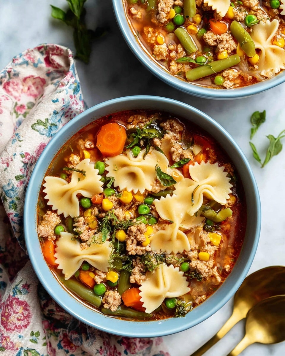 A white bowl filled with a colorful soup showing three main layers: the bottom layer is a rich, orange-red broth with a slightly oily texture, the middle layer consists of mixed vegetables including green peas, diced orange carrots, yellow corn, and green beans scattered throughout, and the top layer features large, light yellow bowtie pasta pieces and chunks of cooked ground meat with a crumbly texture, all sitting on a white marbled surface with a floral cloth partially visible underneath. photo taken with an iphone --ar 4:5 --v 7