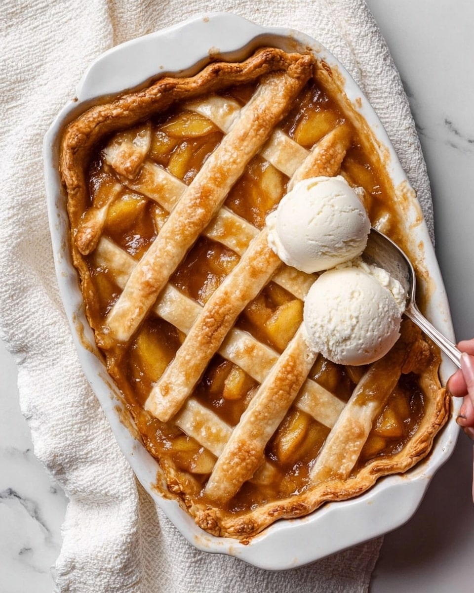 A white rectangular dish holds a golden-baked peach pie with a lattice crust on top, showing juicy orange and yellow peach slices bubbling beneath. The crust strips are shiny and flaky, placed in a crisscross pattern. Two scoops of creamy white vanilla ice cream melt gently on one side of the pie. A silver spoon rests inside the dish, partially submerged in the warm peach filling. Next to the dish, on a white marbled surface, there is a halved peach with a reddish-brown pit visible. photo taken with an iphone --ar 4:5 --v 7