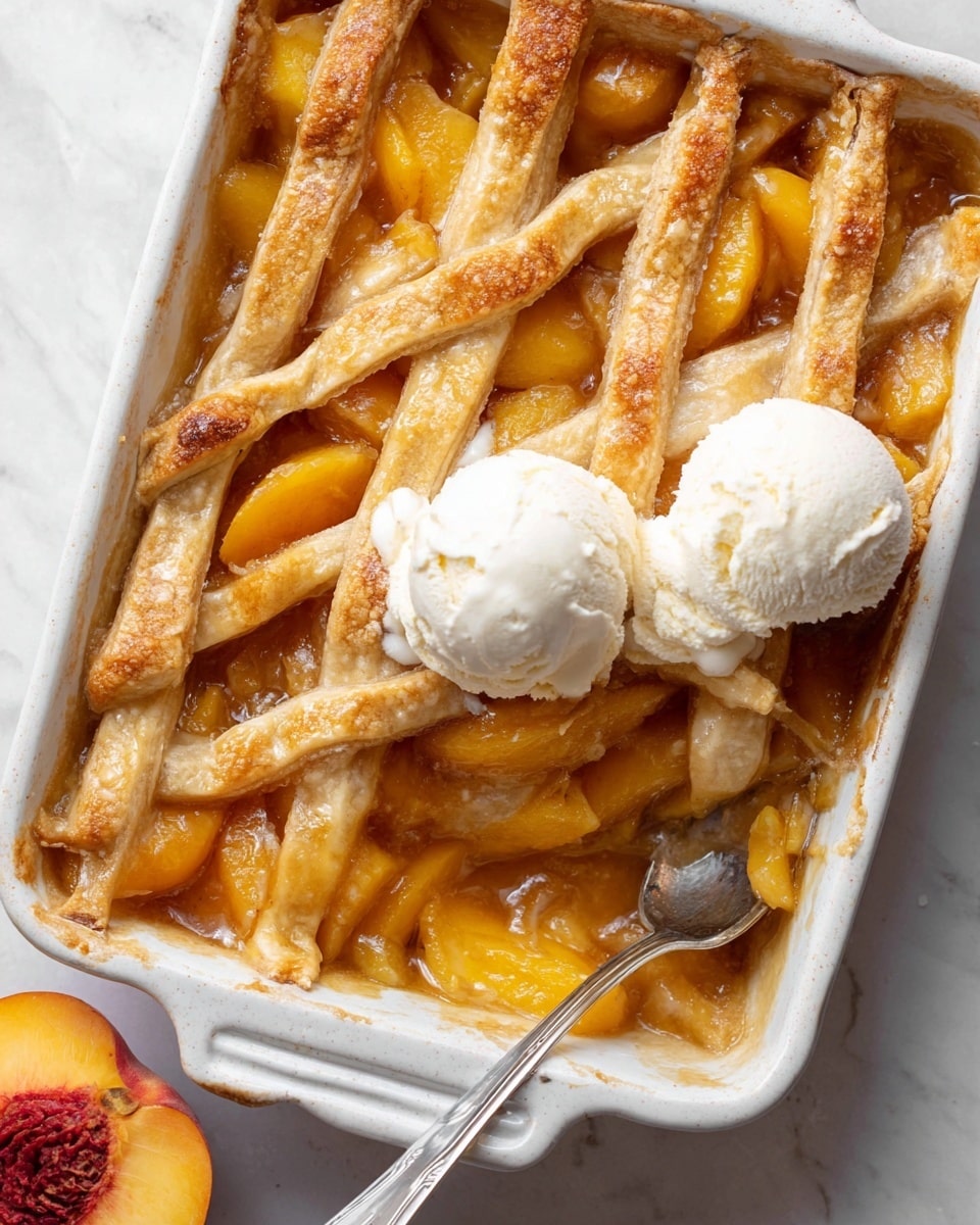 A white ceramic dish holds a freshly baked lattice apple pie, with evenly spaced, golden-brown crisscrossed pastry strips forming the top layer. Beneath the lattice, a thick, glossy layer of warm, caramel-colored apple filling slightly bubbles at the edges. On the right side of the pie, two creamy white scoops of melting vanilla ice cream rest on the crust, adding contrast and softness to the firm, crispy lattice. A woman's hand is holding a spoon scooping some of the filling from the corner. The dish is set on a white marbled surface with a textured white cloth underneath. Photo taken with an iphone --ar 4:5 --v 7