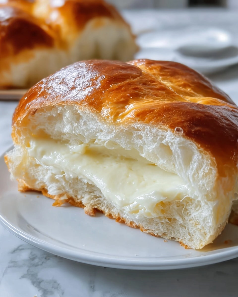A loaf of soft, golden-brown braided bread sits on a white plate with a glossy surface. The bread has a shiny crust with smooth, braided layers on top, and a thick layer of melted, creamy white cheese oozes out from the cut end, dripping onto the plate. The inside of the bread is fluffy and light with small air pockets, contrasting with the warm, gooey cheese that stretches slightly from the cut. Some crumbs scattered around the plate add a sense of freshly baked texture. The background is a white marbled surface. photo taken with an iphone --ar 4:5 --v 7