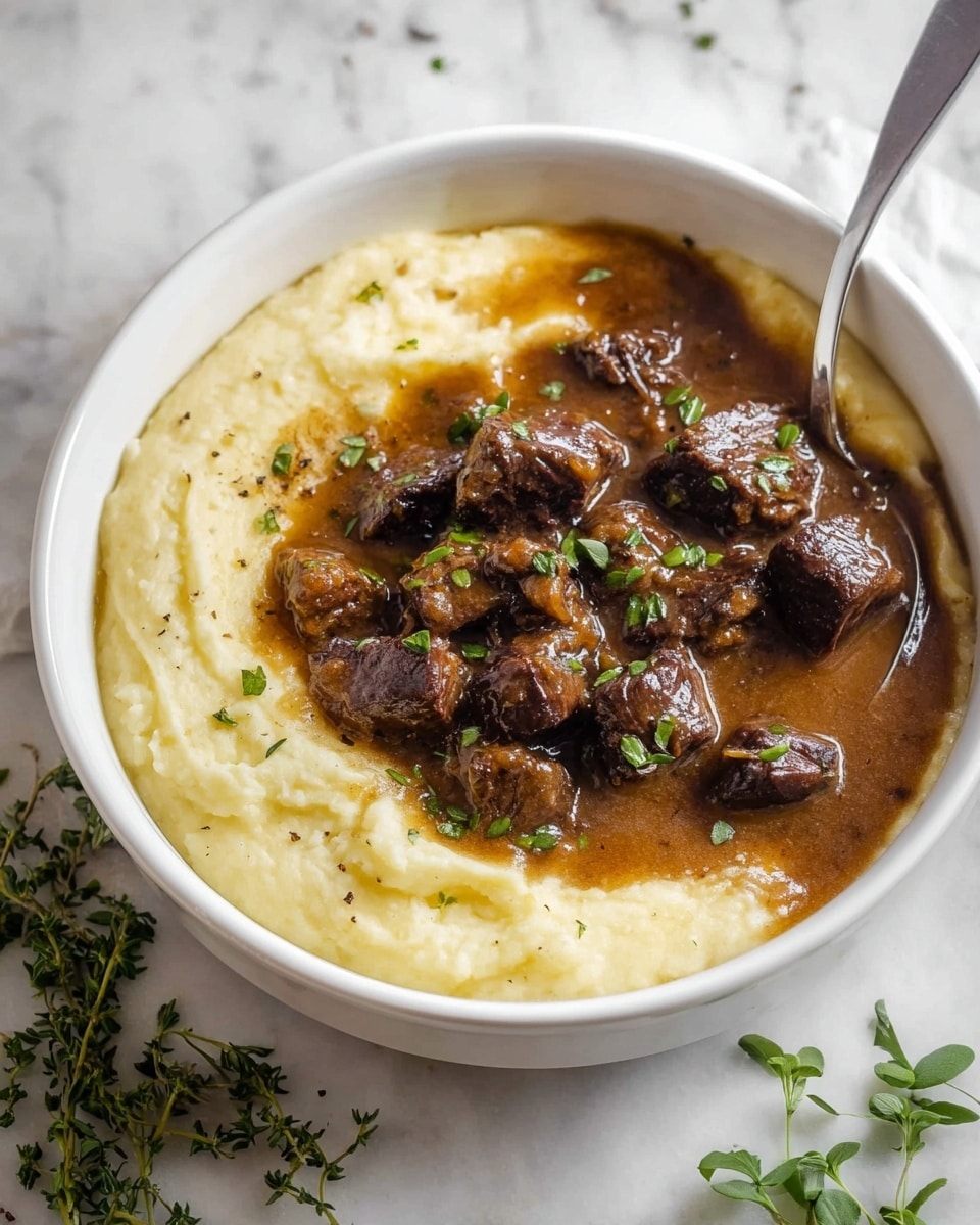 A white bowl holds a serving of creamy, pale yellow grits topped with several pieces of dark brown, seared meat chunks covered in a glossy brown gravy, with small green herb sprinkles adding a touch of color. A metal spoon dips into the grits near the bottom right of the bowl. The bowl sits on a white marbled surface with scattered fresh herb sprigs and a gray and white striped cloth nearby. photo taken with an iphone --ar 4:5 --v 7