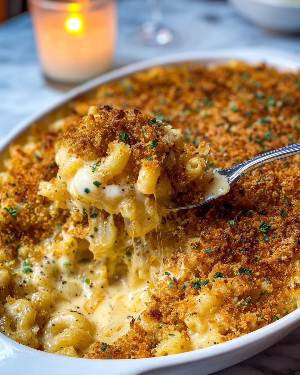 A close-up view of a baked macaroni and cheese dish in a white oval baking dish, showing three layers: the top layer is a thick, golden-brown breadcrumb crust with small green herb pieces scattered throughout; beneath it is a creamy, light yellow cheese sauce with flecks of black pepper and herbs, coating tender elbow macaroni pasta; some caramelized onions with a translucent golden color are mixed in, visible under the crust. A spoon is lifting a portion, revealing the creamy, cheesy macaroni and crunchy crust with bits of herbs on top. The dish sits on a white marbled surface with a softly glowing candle in the blurred background. Photo taken with an iphone --ar 4:5 --v 7