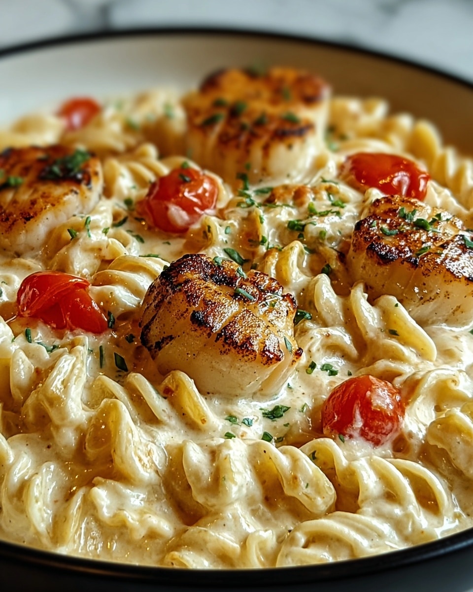 The dish shows creamy pasta with spiral-shaped noodles coated in a thick white sauce, layered with browned and seared scallops on top, each scallop golden with cooked edges. Dots of red, likely chopped tomatoes, are scattered between the pasta and scallops, adding color contrast. Small green herb bits are sprinkled across the dish. The food sits in a white plate on a white marbled surface. photo taken with an iphone --ar 4:5 --v 7