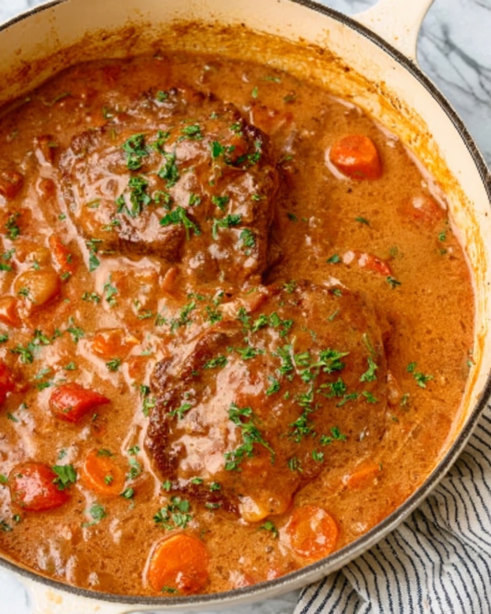 A white bowl holds a rich, glazed piece of meat topped with a scattering of small, diced carrots and garnished with fresh green herbs. The meat has a glossy brown sauce giving it a juicy, tender look, while the carrots add bright pops of orange color across the surface. The bowl sits on a white marbled surface with some green plants softly blurred in the background, and a glass container of yellow liquid visible in the corner. A woman's hand gently holds the edge of the bowl. photo taken with an iphone --ar 4:5 --v 7