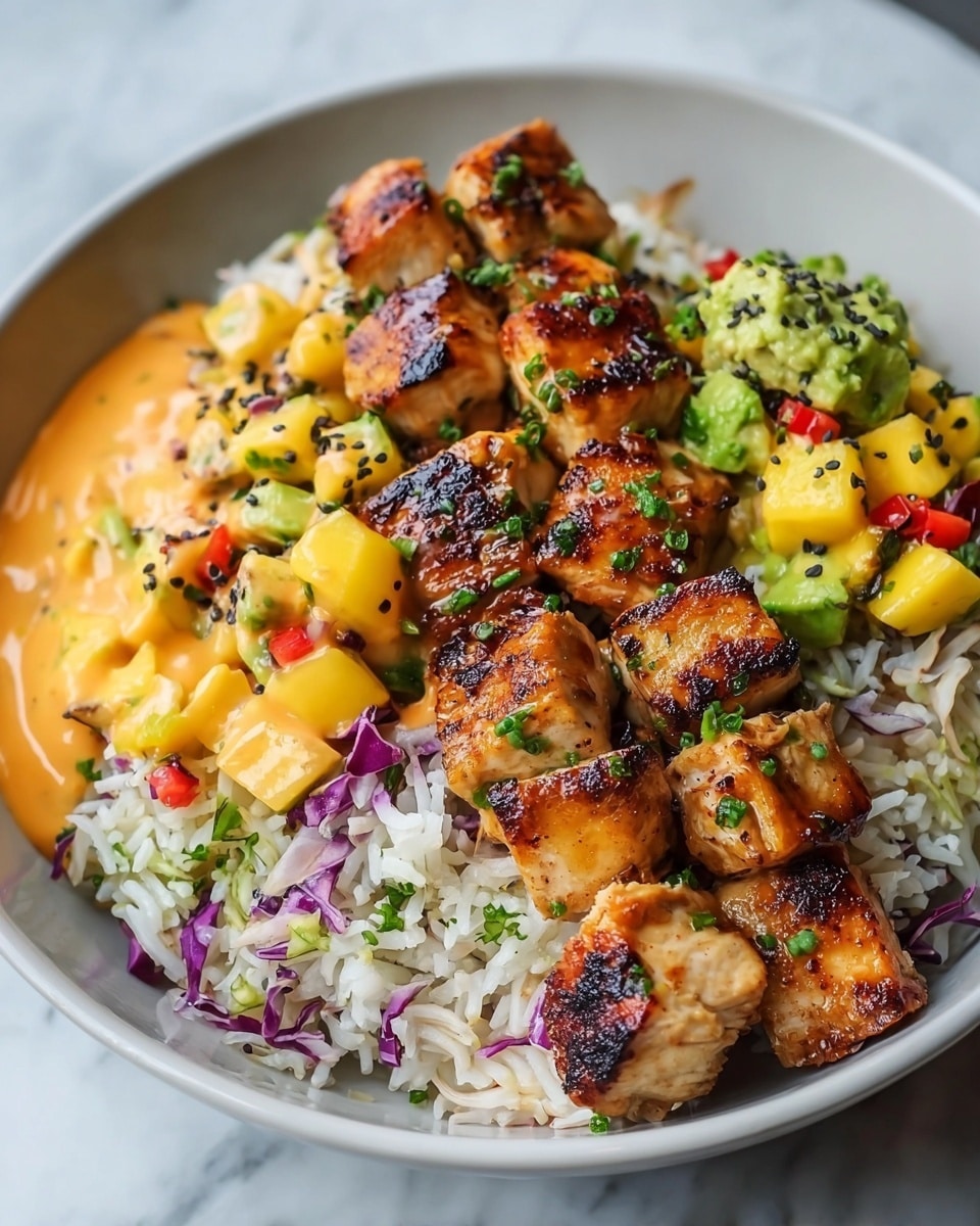 This dish is served in a white bowl with a white marbled texture background. It has three main layers: the bottom layer is white rice mixed with bits of purple cabbage and green herbs, topped with an orange sauce drizzled on one side. On top of the rice is a second layer of grilled chicken cut into square pieces, showing a golden brown and slightly charred texture, garnished with small green herbs. The third layer, placed beside the chicken, is a colorful mango and avocado salsa with yellow mango chunks, green avocado cubes, and small red bell pepper pieces, sprinkled with black seeds and herbs. photo taken with an iphone --ar 4:5 --v 7