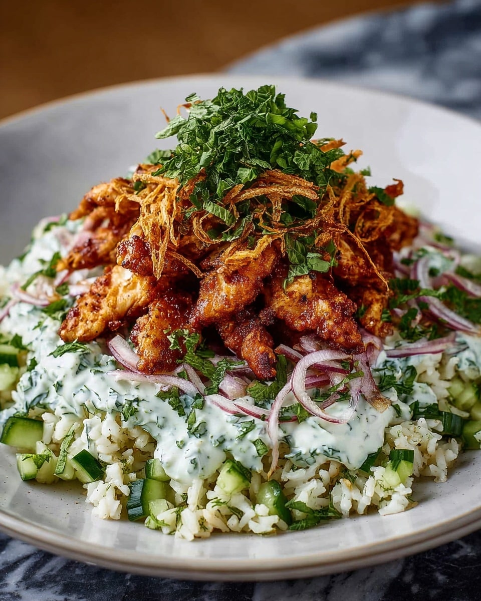 A deep blue bowl contains a layered dish starting with a base of light yellow, fluffy rice mixed with green cucumber pieces and finely chopped herbs. On top of the rice, there is a white creamy sauce streaked with green herbs and thin slices of purple onion scattered around. The main layer is a pile of dark brown, crispy cooked chicken strips placed in the center. The dish is finished with a topping of golden fried onions and chopped fresh green herbs. The bowl is set on a white marbled texture. photo taken with an iphone --ar 4:5 --v 7