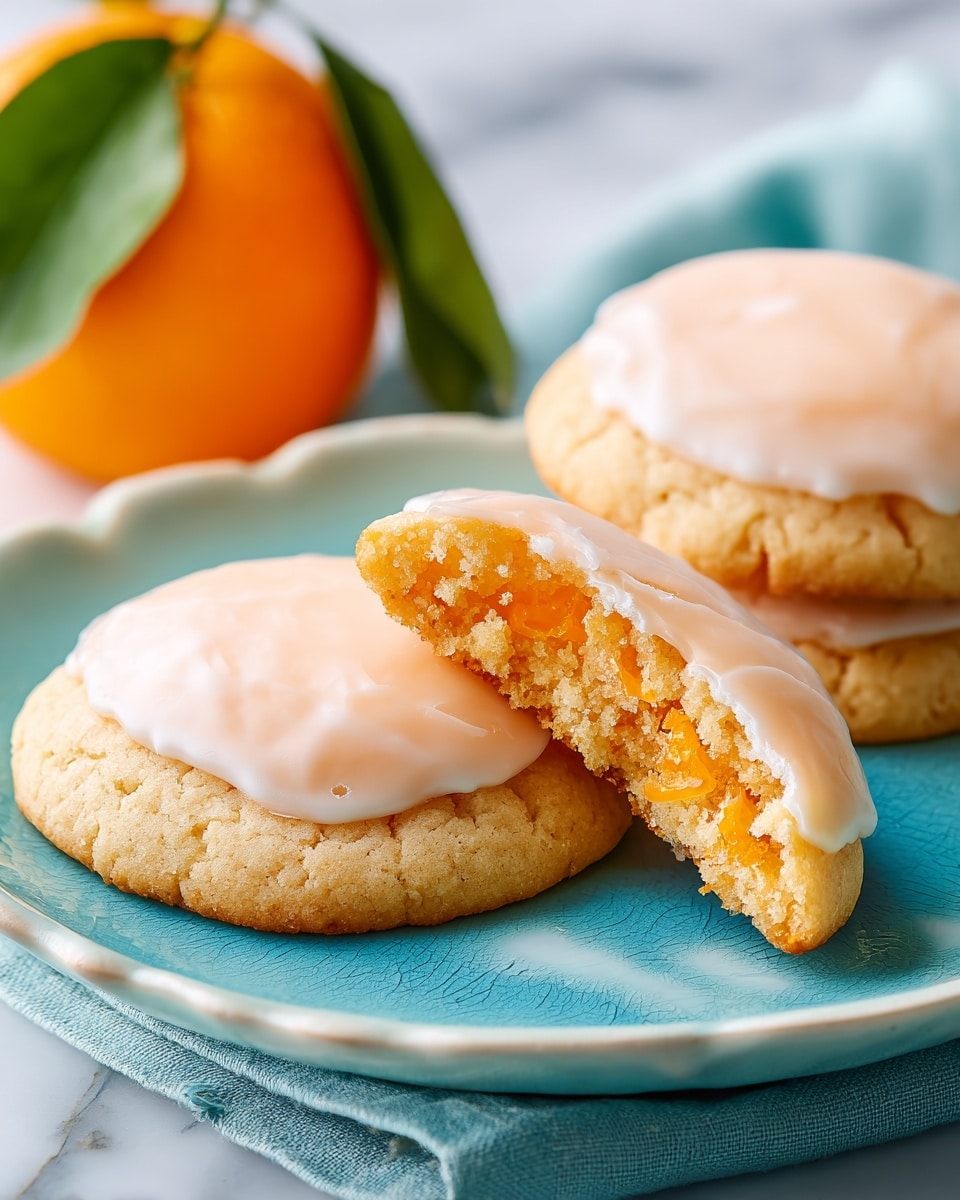 Three round cookies with a light beige base and a smooth, pale orange icing layer on top rest on a white plate with a textured edge. One cookie is cut in half, showing a soft, slightly crumbly inside with a golden hue beneath the shiny icing. To the right of the cookies, a bright orange mandarin with a green leaf attached sits on the plate. The plate is placed on a white marbled surface with a soft, blurry background. photo taken with an iphone --ar 4:5 --v 7