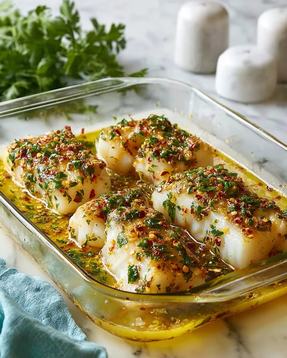 A close-up of a piece of white fish cooked with a crispy, golden-brown top layer seasoned with green herbs and red chili flakes, lifted by a silver fork above the rest of the fish in a clear glass baking dish. The fish layers show a flaky white inside beneath the flavorful herb crust, all sitting in a shallow pool of yellow olive oil mixed with scattered chopped green herbs. The glass dish rests on a white marbled surface, with blurred green parsley in the background. photo taken with an iphone --ar 4:5 --v 7