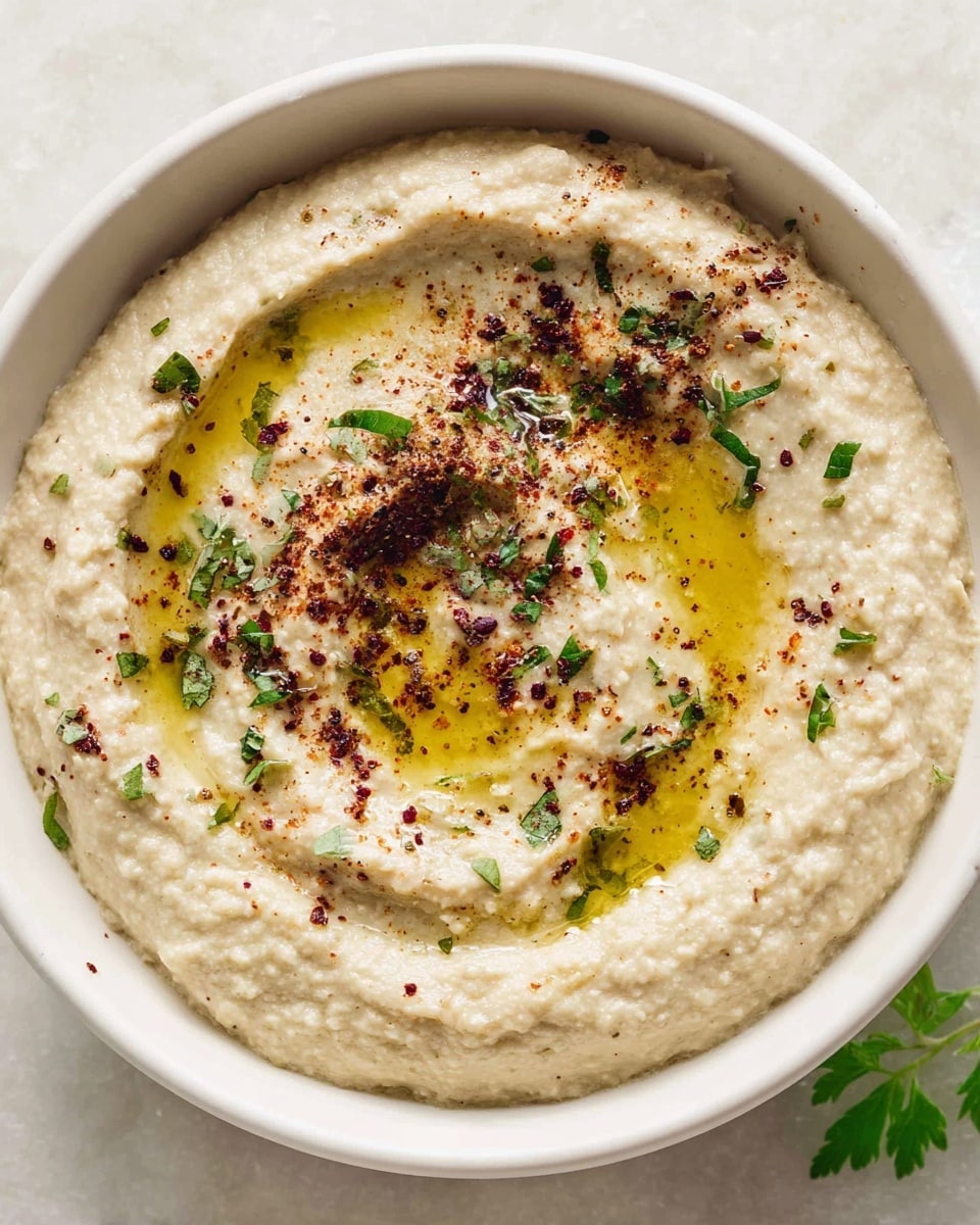 A close-up view of a white bowl filled with thick, creamy hummus that has a light beige color and slightly chunky texture. The hummus is garnished with finely chopped green parsley and sprinkled with dark red spices, along with a drizzle of golden olive oil pooling on the surface. A woman's hand is dipping a small piece of light brown pita bread with toasted spots into the creamy hummus. The background is a white marbled texture. photo taken with an iphone --ar 4:5 --v 7