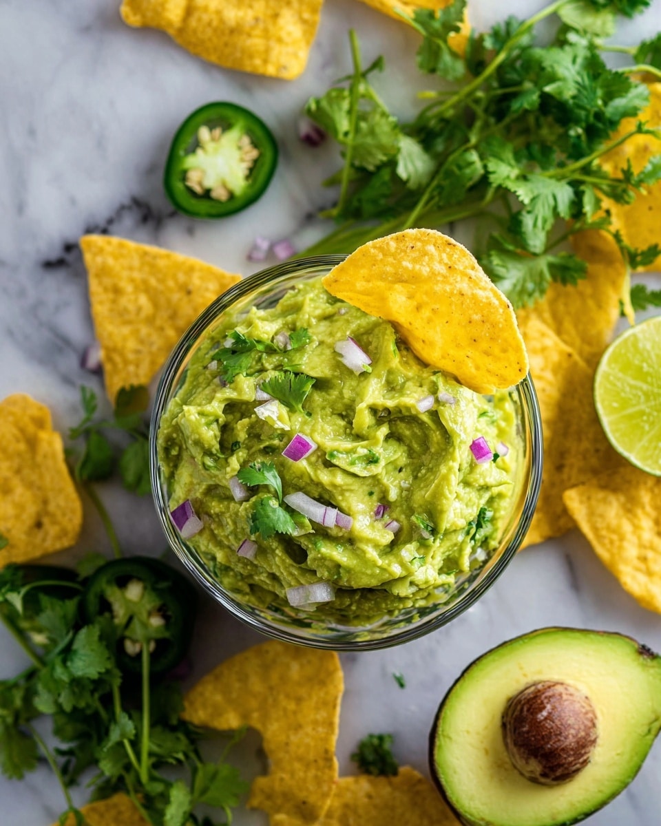 The image shows a clear glass bowl filled with chunky green guacamole, which has a creamy texture mixed with visible pieces of chopped red onion and fresh cilantro leaves scattered on top and throughout. The bowl sits on a white marbled surface. Surrounding the bowl, there are bright yellow corn tortilla chips, some whole and some broken, adding a rough texture and golden contrast. In the background, there is a slice of avocado, fresh green cilantro leaves, and sliced green jalapeño peppers, all adding vibrant green tones to the image. photo taken with an iphone --ar 4:5 --v 7