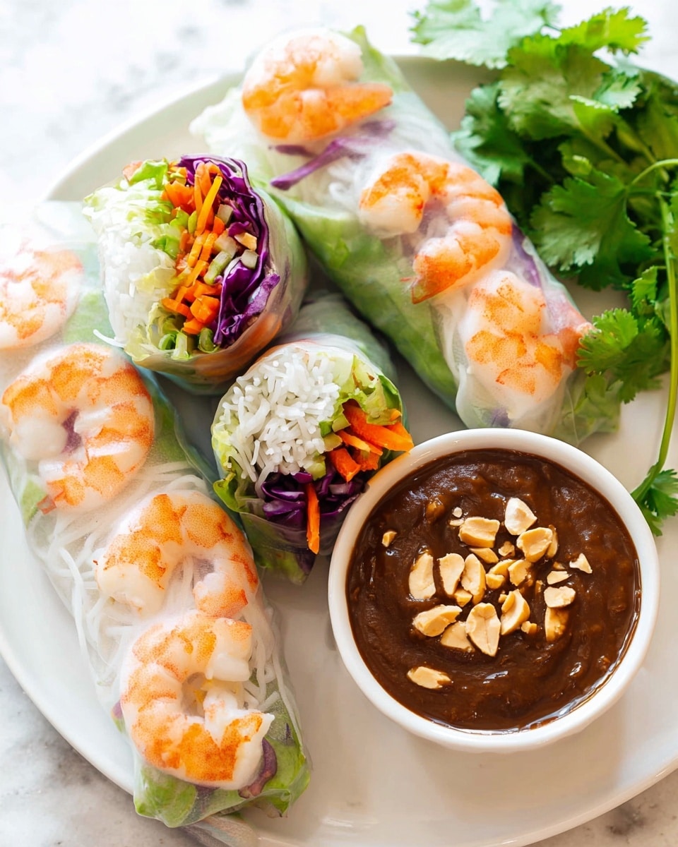 The image shows six shrimp spring rolls arranged in two rows on a white plate with a white marbled background. Each roll has three main visible layers: the top layer has large pink and white shrimp positioned toward the outer edge, the middle layer includes green leafy herbs and purple cabbage, and the bottom layer has thin white rice noodles wrapped in translucent rice paper. On the right side of the plate, there is a small white bowl filled with dark brown peanut sauce topped with chopped peanuts, and a bunch of fresh green cilantro leaves resting next to the bowl. Photo taken with an iphone --ar 4:5 --v 7