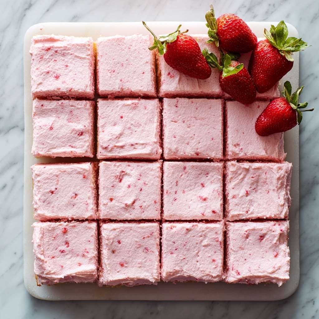 The image shows a square dessert cut into 16 small square pieces, arranged neatly on a white marbled surface. The dessert has one visible layer with a smooth, thick pink frosting evenly spread on top, showing tiny red specks within, hinting at a strawberry flavor. The base underneath the frosting is a slightly darker pink, soft-looking cake. A few fresh strawberries with green leaves are placed on the top right corner for decoration. The overall look is soft, moist, and inviting. photo taken with an iphone --ar 4:5 --v 7