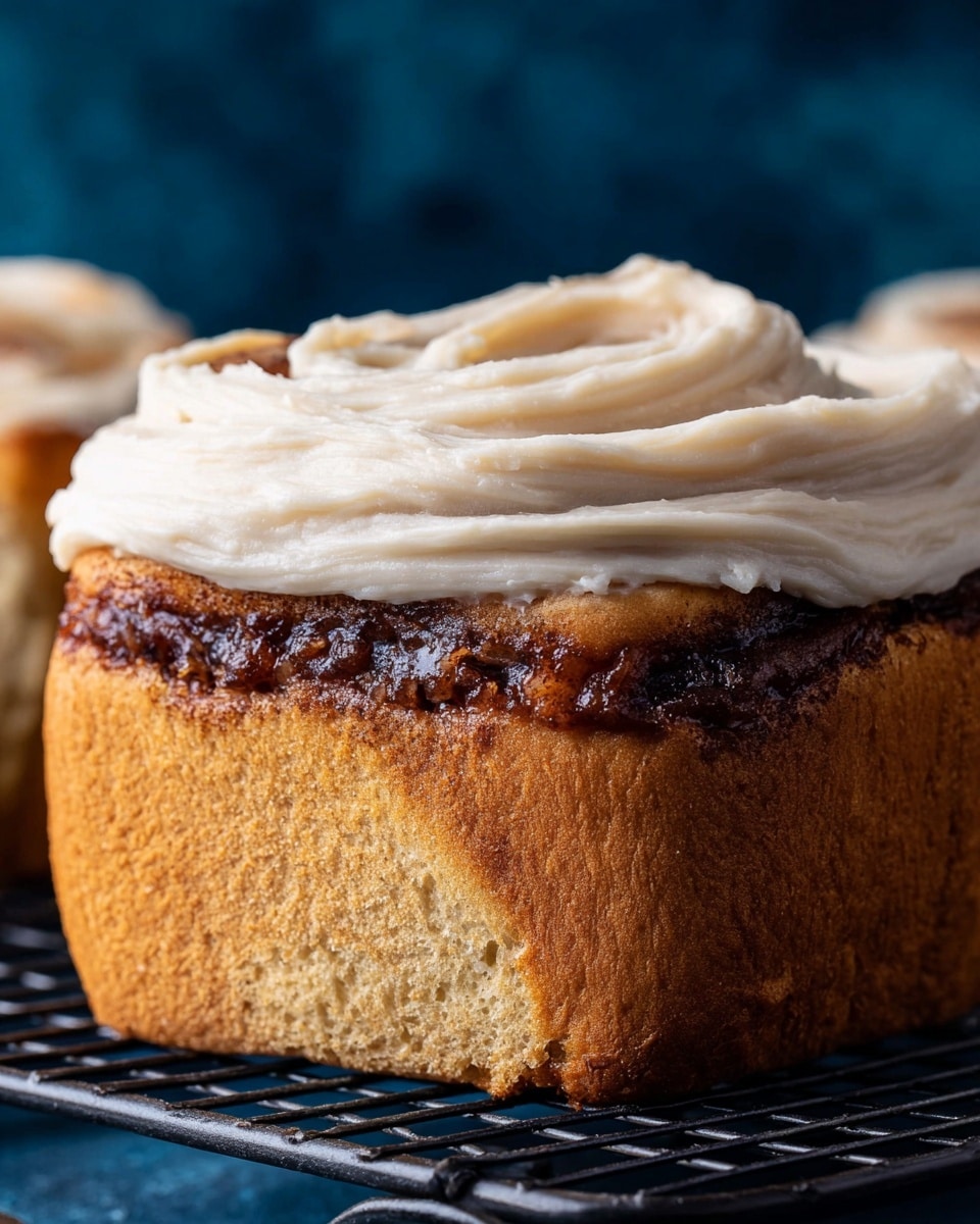 A close-up image of a thick cinnamon roll with three visible layers: the bottom layer is a golden brown baked dough with a slightly rough texture, the middle layer shows a rich, dark brown cinnamon filling that looks sticky and caramelized, and the top layer is a thick spread of creamy off-white frosting with smooth swirls sitting on top of the dough. The cinnamon roll rests on a black metal cooling rack with a blurred dark blue background behind. Photo taken with an iphone --ar 4:5 --v 7
