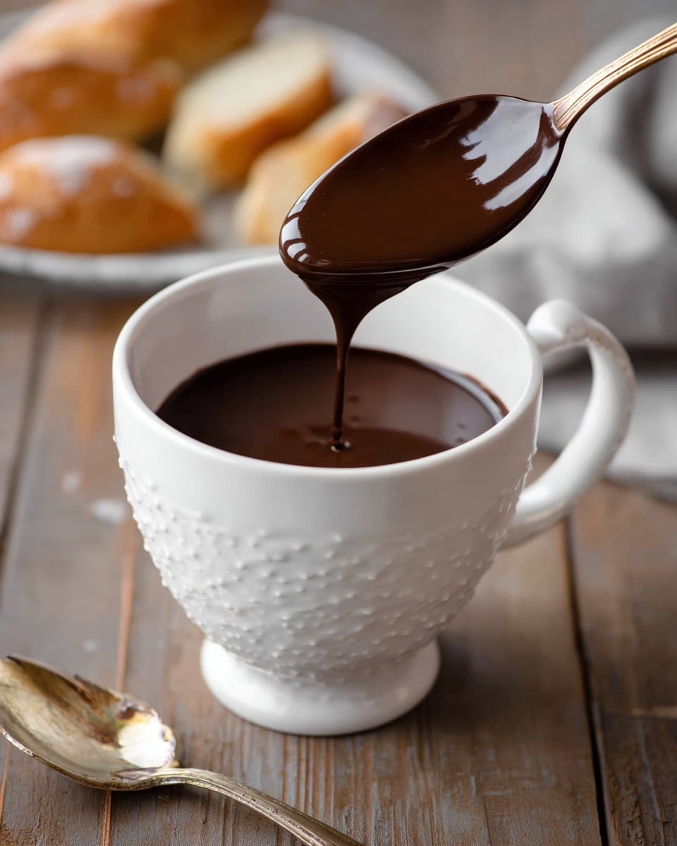 A white textured cup holds thick, dark brown melted chocolate inside, with a silver spoon above pouring a smooth stream of the chocolate back into the cup. The cup is placed on a wooden surface with a silver spoon lying next to it and pieces of bread blurred in the background. The chocolate has a glossy and rich texture, covering the spoon well. photo taken with an iphone --ar 4:5 --v 7