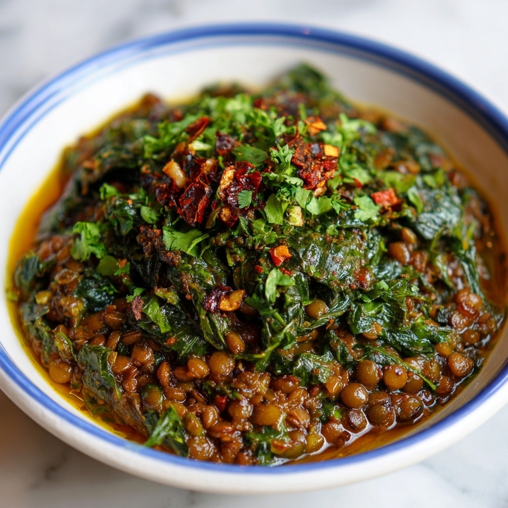 A close-up view of a hearty lentil stew served in a white bowl with a blue rim, filled with layers of cooked green lentils and dark green wilted spinach leaves submerged in a thick, golden-brown broth. The surface is sprinkled with red chili flakes, adding specks of red and orange on top, and a few bright, fresh green spinach pieces are scattered over the lentils. The stew looks rich and glossy with a slightly oily texture creating shine effects. The bowl rests on a white marbled surface, enhancing the vivid colors of the dish. Photo taken with an iphone --ar 4:5 --v 7