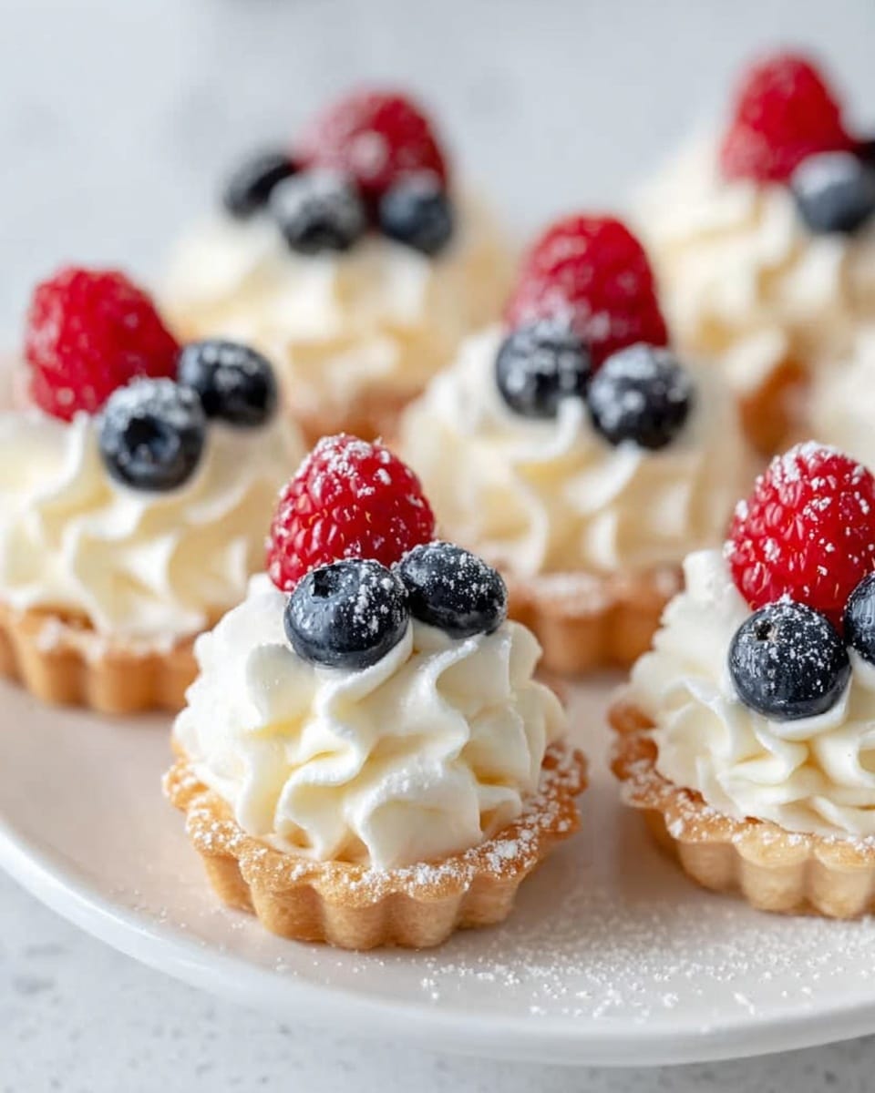 The image shows several small tartlets arranged on a white plate with a white marbled texture background. Each tartlet has a golden, slightly flaky crust forming the bottom layer, filled with a creamy, white whipped topping that is swirled into peaks. On top of the whipped cream, each tartlet is decorated with one bright red raspberry and two dark blue blueberries, all lightly dusted with powdered sugar. The tartlets are closely placed, showing a mix of sharp and soft textures, with plenty of natural light highlighting their fresh and delicate appearance. Photo taken with an iphone --ar 4:5 --v 7