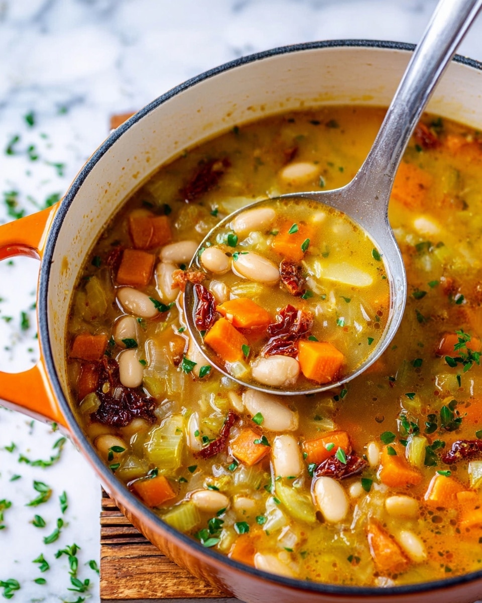 A close-up of a rich vegetable soup inside a white enamel pot with an orange outer surface, sitting on a wooden trivet. The soup contains several layers showing chunky orange carrot pieces, pale creamy white beans, light green celery chunks, and bits of dark reddish-brown sun-dried tomatoes, all floating in a golden broth. The top is sprinkled with finely chopped fresh green herbs. A large metal ladle is scooping a portion of the soup, highlighting the colorful mix of vegetables and beans. The background is a white marbled texture with scattered chopped herbs. Photo taken with an iphone --ar 4:5 --v 7