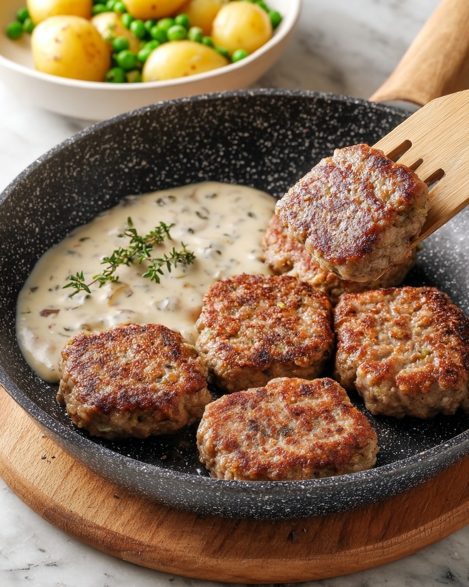 The image shows five thick, golden-brown meat patties with a crispy texture cooking in a dark speckled frying pan. On one side of the pan, there is a creamy white sauce with visible bits of herbs and onions, garnished with a small sprig of fresh green thyme. A wooden spatula is lifting one of the patties, showing its rough and browned surface. The pan rests on a round wooden board, and in the background, a white bowl contains yellow baby potatoes mixed with green peas, all set on a white marbled surface. photo taken with an iphone --ar 4:5 --v 7