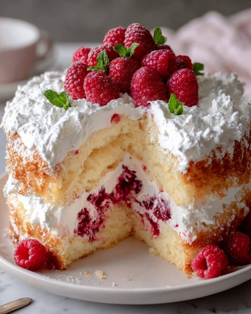Raspberry Angel Food Cake with Raspberry Swirl and Topping Recipe