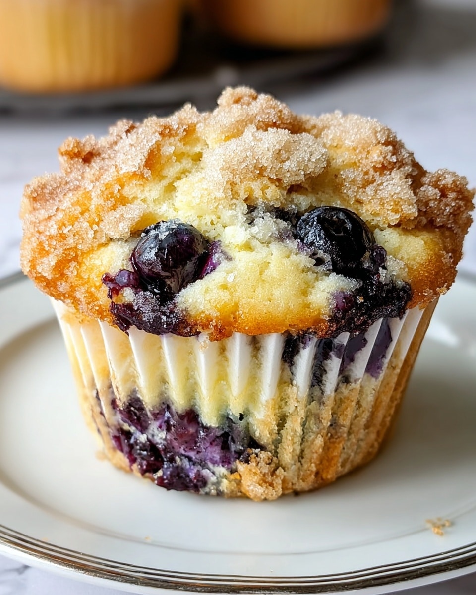 The image shows a close-up of a single blueberry muffin with three visible layers: the golden-brown crumbly top with a light sugar coating, a middle layer of moist, pale yellow cake embedded with juicy, dark purple blueberries, and a slightly denser bottom layer baked in a white paper muffin liner with ridges, set on a white plate with a silver trim, all against a soft white marbled background. Photo taken with an iphone --ar 4:5 --v 7