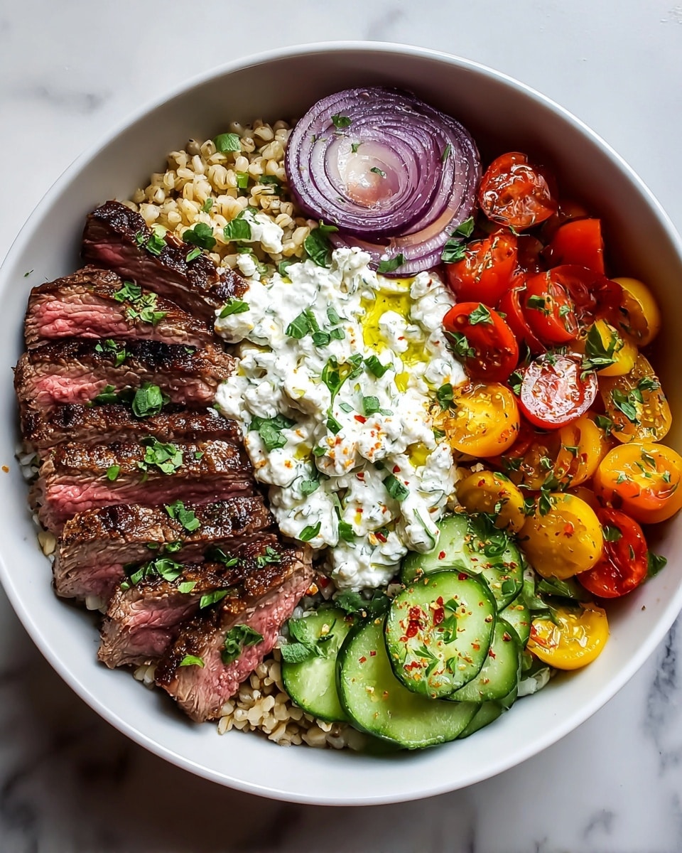A white bowl holds a layered dish starting with a base of light beige rice. On top, there are slices of medium-rare steak with a brown grilled look and pink center, placed on the left side. Next to the steak, thin slices of purple-red onion are arranged. In the top middle and right, there are bright red cherry tomatoes and green cucumber slices with a fresh texture. Covering the center and parts of the top, a creamy white layer of cottage cheese and yogurt sauce is spread, sprinkled with green herbs and a light drizzle of yellow oil. The entire dish sits on a white marbled surface. Photo taken with an iphone --ar 4:5 --v 7