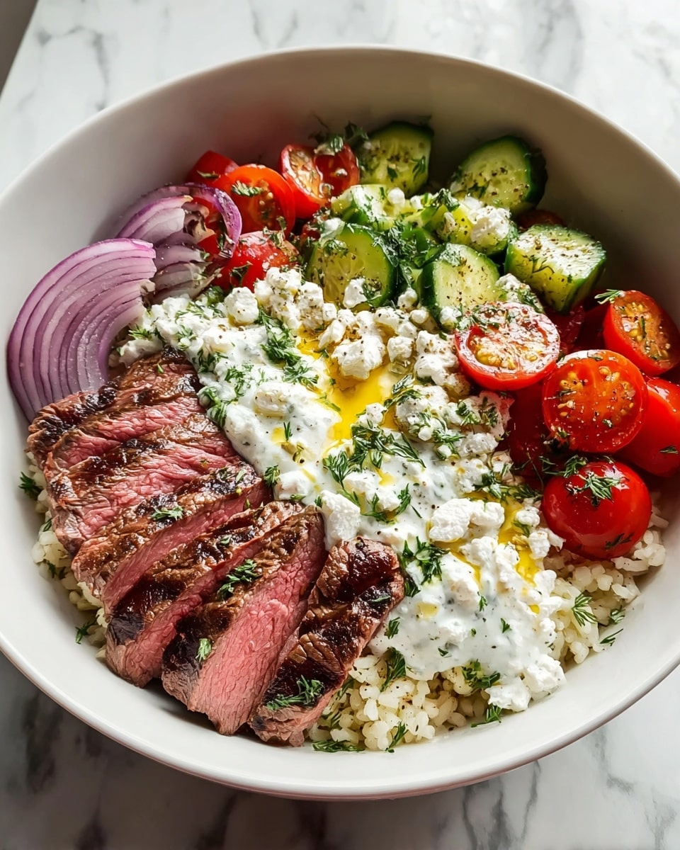 A white bowl contains a layered dish starting with a base of light brown cooked grains on the left side. Above the grains is a layer of sliced red onions with a slightly translucent texture. To the right is a colorful mix of halved cherry tomatoes, both red and yellow, showing a juicy interior and sprinkled with herbs. Below the tomatoes is a layer of thin cucumber rounds, pale green with darker skin edges, lightly seasoned with herbs and chili flakes. In the center is a creamy white sauce topped with soft white cheese curds and a drizzle of oil, garnished with chopped green herbs. On the left side, slices of medium-rare grilled steak with a charred crust and pink centers are neatly arranged, also sprinkled with chopped herbs. The bowl sits on a white marbled surface. Photo taken with an iphone --ar 4:5 --v 7