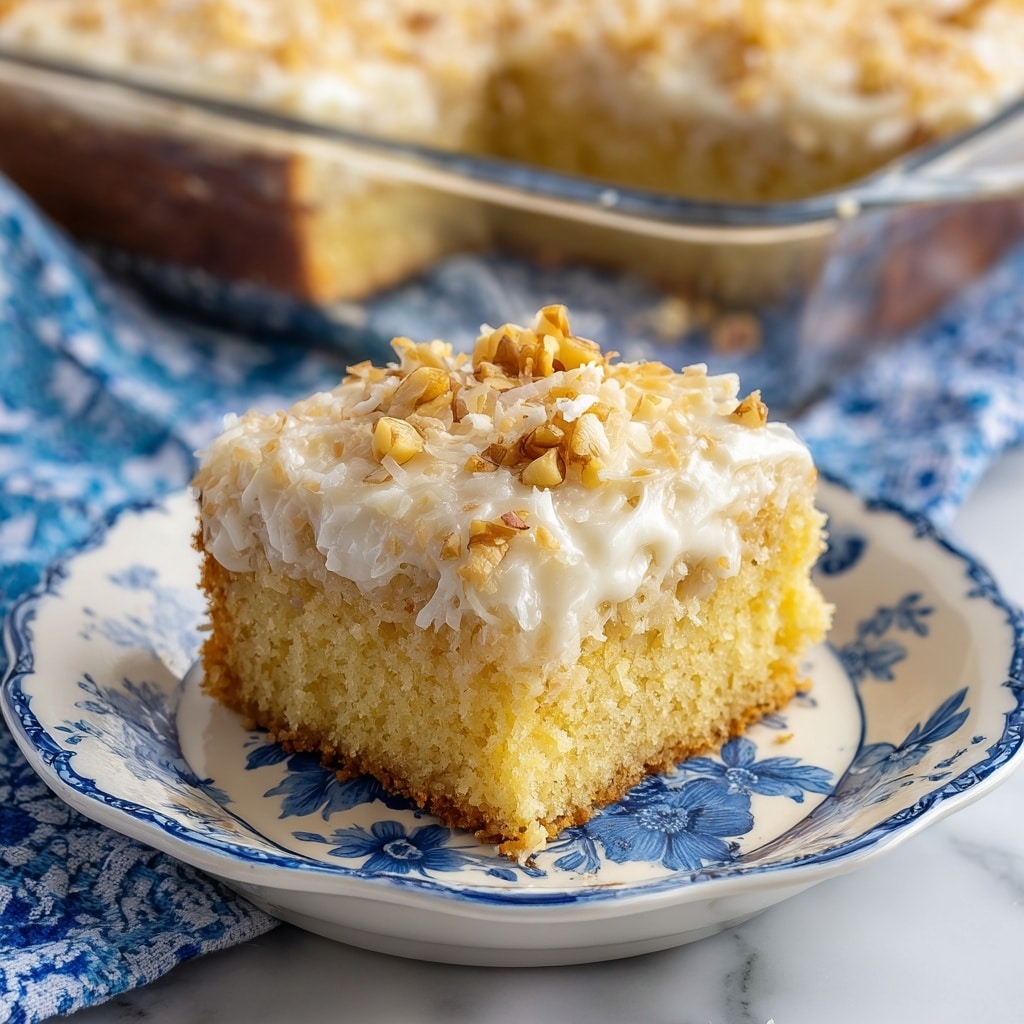 The image shows a close-up of a rectangular baked dessert in a black pan, covered with a top golden-brown layer made of shredded coconut mixed with chopped pecans. The texture of the topping is rough and slightly moist, with the pecans scattered evenly, giving a nutty appearance with hints of shiny caramelization. The dessert underneath the topping is only slightly visible at the edges, suggesting a soft, moist cake beneath the coconut and nut layer. The pan is placed on a white marbled surface with a blue patterned cloth next to it. photo taken with an iphone --ar 4:5 --v 7