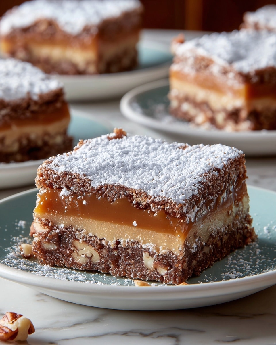 The image shows a close-up of a square dessert bar on a white plate. The dessert has three layers: the bottom and top layers are brown and crumbly with visible pieces of nuts, while the middle layer is thick, smooth, and caramel-colored. The top layer is dusted with a generous amount of white powdered sugar. In the background, there are more pieces of the same dessert on white plates, all placed on a white marbled surface. photo taken with an iphone --ar 4:5 --v 7