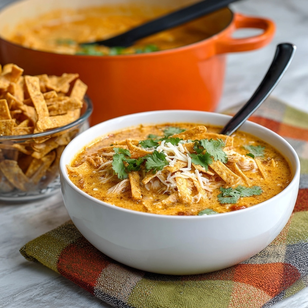 A white bowl filled with creamy orange chicken tortilla soup with visible chunks of chicken and tomatoes, topped with crispy brown tortilla strips, shredded white cheese, and fresh green cilantro leaves scattered on top. Behind the bowl is a large orange pot filled with the same soup and a black ladle resting inside. To the left, a clear glass bowl contains extra crispy brown tortilla strips. The bowl and pot sit on a colorful plaid cloth with shades of green, orange, yellow, and gray, all placed on a white marbled surface. The image has a bright and warm tone. photo taken with an iphone --ar 4:5 --v 7