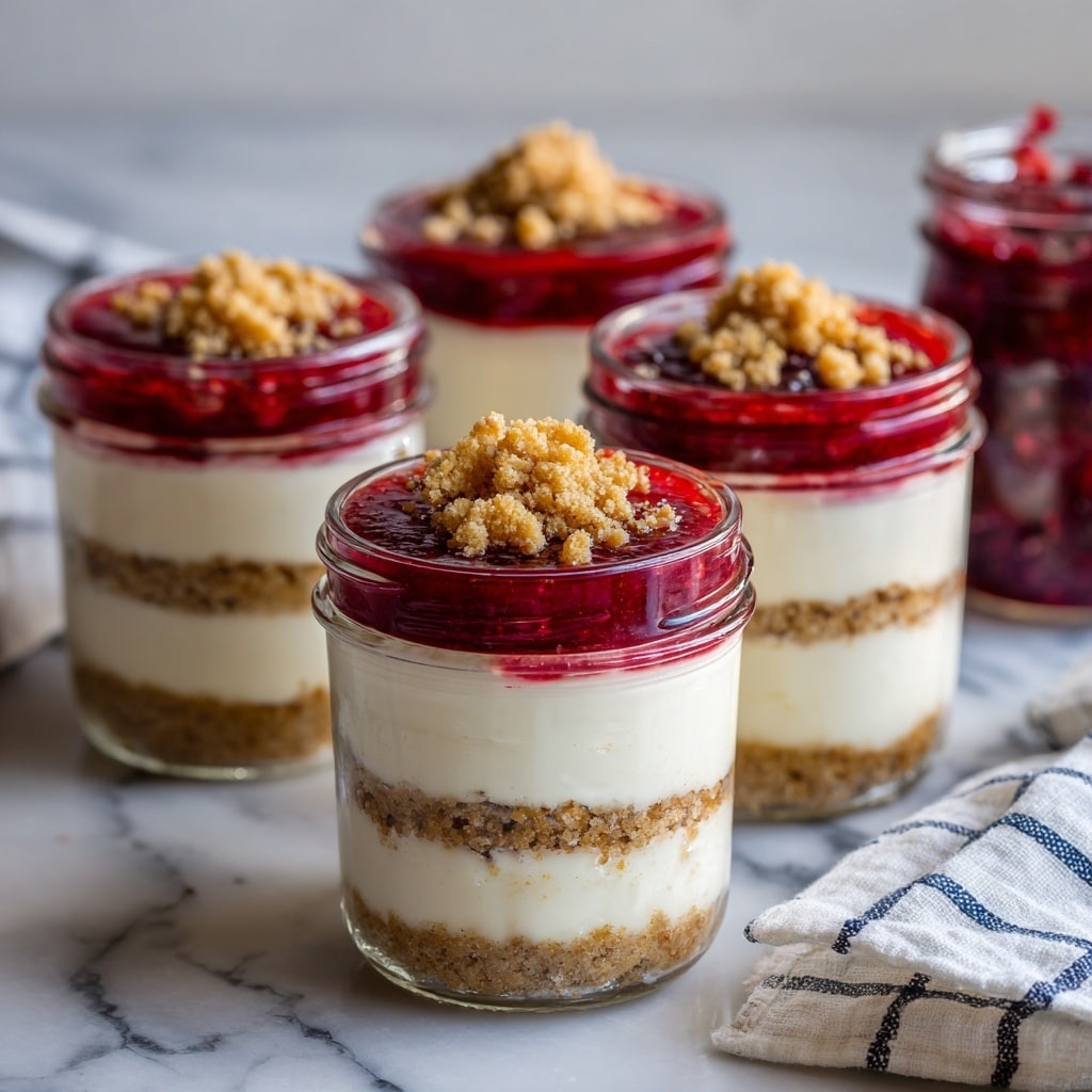 The image shows four clear glass jars filled with layered cheesecake. Each jar has four visible layers: the bottom layer is a crumbly, light brown crust; above that are two thick, creamy off-white cheesecake layers separated by thin crumbly bits; the third layer is a smooth, bright red fruit topping; and the jars are topped with small clusters of crumbly light brown crumbs. The jars are placed on a white marbled surface, with a white cloth with dark blue check pattern visible on the right side. A small jar with red fruit topping is partially shown on the left side. The background is softly blurred. Photo taken with an iphone --ar 4:5 --v 7