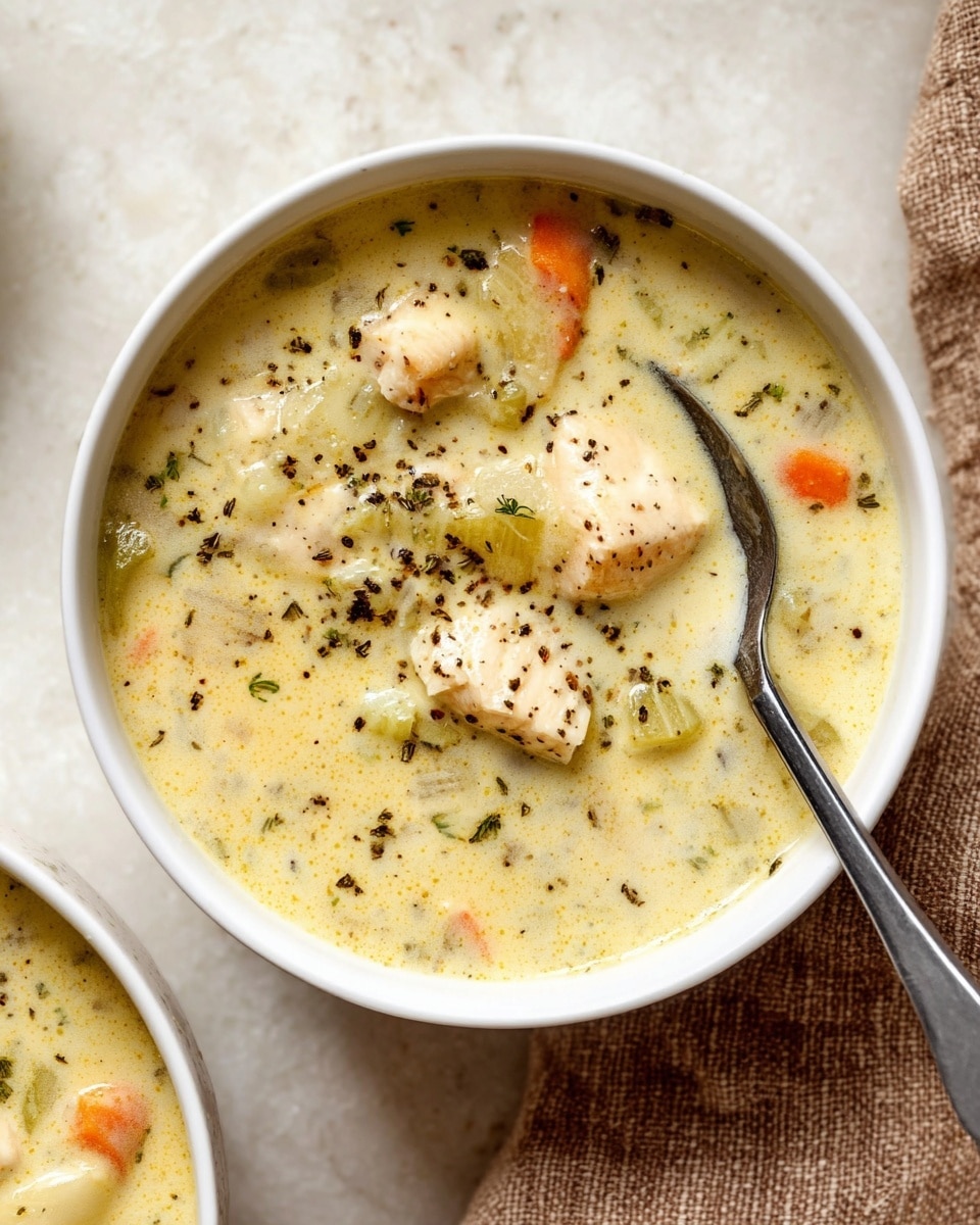 A close-up view of a light yellow creamy soup in a large blue pot with a slightly darker rim. The soup has visible small chunks of white potatoes, orange carrots, and some green herbs scattered throughout, giving it a speckled texture. A black ladle holding a full portion of the soup is lifted above the pot, showing the creamy, thick consistency with bits of vegetables and herbs. The pot is placed on a white marbled surface with a soft brown cloth nearby. Photo taken with an iphone --ar 4:5 --v 7