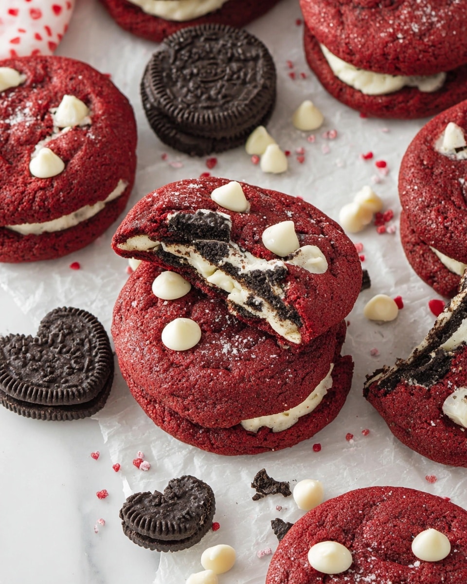 A woman's hand is holding a red velvet cookie with white chocolate chips and crushed dark chocolate sandwich cookie pieces. The bottom half of the cookie is dipped in white milk, with a drop of milk dripping from the cookie. In front of the cookie is a clear glass filled with white milk. The white marbled surface below holds scattered broken sandwich cookies, whole sandwich cookies stacked in piles, heart-shaped chocolates, and several other red velvet cookies. The overall scene is bright and clean with a focus on the red and white cookie and the milk glass. photo taken with an iphone --ar 4:5 --v 7