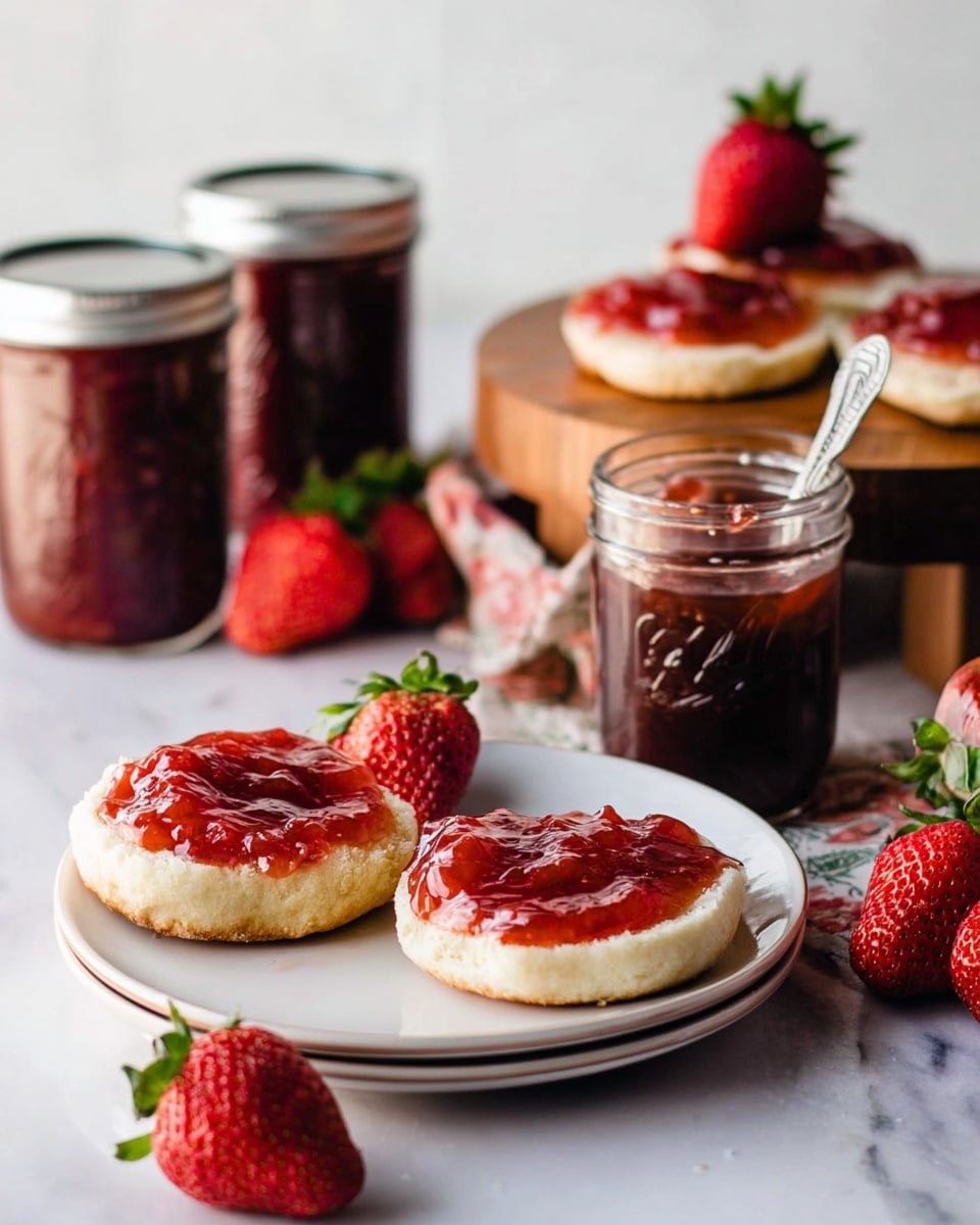 The image shows a wooden board placed on a white marbled surface, holding three glass jars filled with dark red strawberry jam, all sealed with silver lids, with one jar topped with a bright red strawberry. Around the board are several loose strawberries varying in size and rich red color with green tops. In the foreground, there is a white plate holding two halves of an English muffin, each spread with a thick layer of strawberry jam that has a glossy, smooth texture. Nearby is an open jar of strawberry jam with a silver knife resting on its rim, covered in jam. To the side is a small bowl of golden honey with a wooden honey dipper. Delicate white flowers and vibrant pink flowers are arranged softly behind the jars. photo taken with an iphone --ar 4:5 --v 7