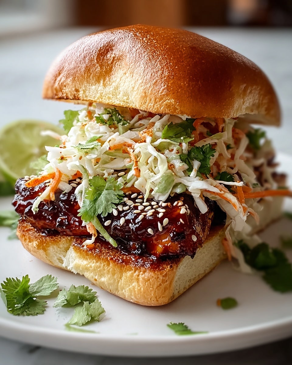 A close-up view of a sandwich on a white plate showing four main layers: a soft, golden-brown toasted bun on top, a thick layer of fresh coleslaw with shredded white cabbage, thin orange carrot strips, and green cilantro leaves, underneath the coleslaw is a sticky, dark glazed grilled chicken piece with sesame seeds sprinkled on it, and at the bottom, a lightly toasted soft bun. There are a few cilantro leaves and a lime wedge on the side of the plate, all set on a white marbled surface. Photo taken with an iphone --ar 4:5 --v 7
