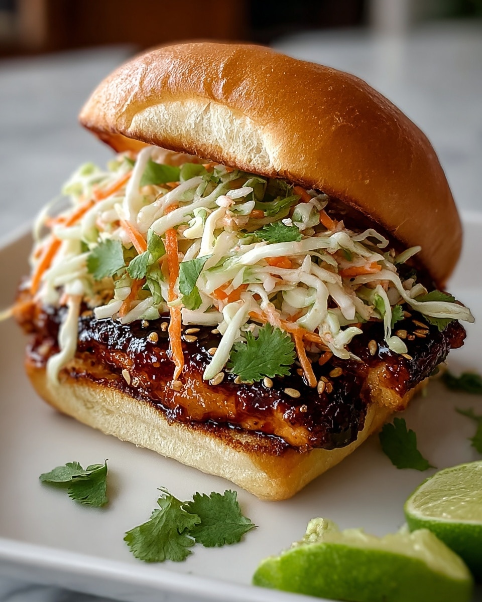 A sandwich with a soft, shiny golden-brown top bun sits on a white plate with some cilantro leaves scattered around. The sandwich has three main layers: the bottom bun, a thick dark glazed grilled chicken piece with a shiny, sticky texture topped with sesame seeds, and a fresh, colorful coleslaw of shredded white cabbage, orange carrots, and green cilantro leaves overflowing from the sandwich edges. A lime wedge sits in the background on the plate, adding a fresh touch. The scene is set on a white marbled texture, with soft natural light highlighting the textures and colors. photo taken with an iphone --ar 4:5 --v 7
