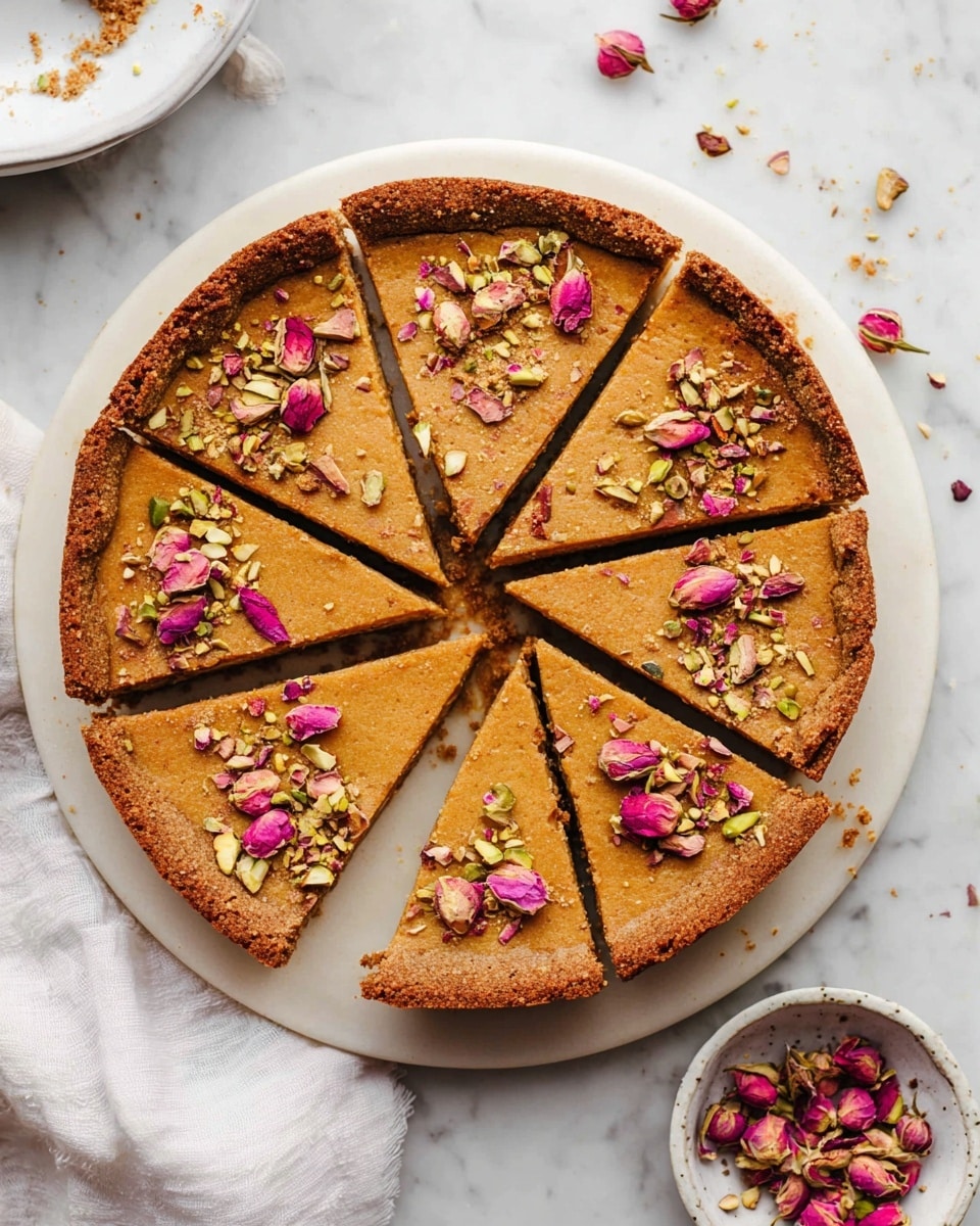 A round tart cut into eight slices sits on a white plate placed on a white marbled surface with a soft white cloth nearby. The tart has a thick, crumbly brown crust that forms the bottom layer and edge, with a smooth golden-brown filling layer on top. Each slice is sprinkled with chopped green pistachios and pink rose petals scattered unevenly across the surface, adding color and texture contrast. A small white dish with dried rosebuds is beside the plate. The photo taken with an iphone --ar 4:5 --v 7