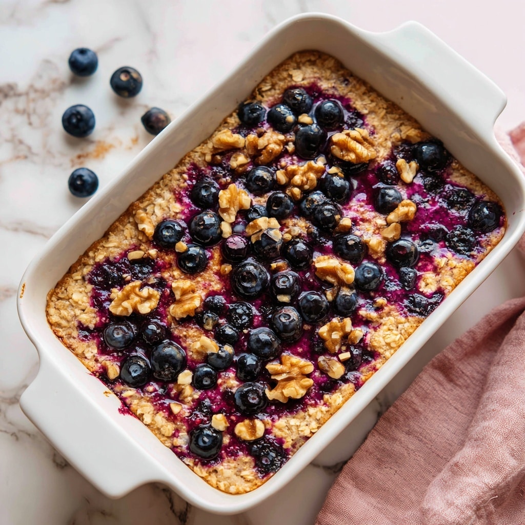 A close-up view of a baked oatmeal square lifted by a black spatula shows three main layers: the top layer is golden brown with visible whole walnuts and baked blueberries, the middle layer is soft and moist with purple-blue mashed blueberries and oat texture, and the bottom layer that blends into the white baking dish also filled with oats and scattered blueberries. The dish rests on a white marbled texture surface, with the focus mainly on the square being lifted, showing the moist and dense texture inside photo taken with an iphone --ar 4:5 --v 7