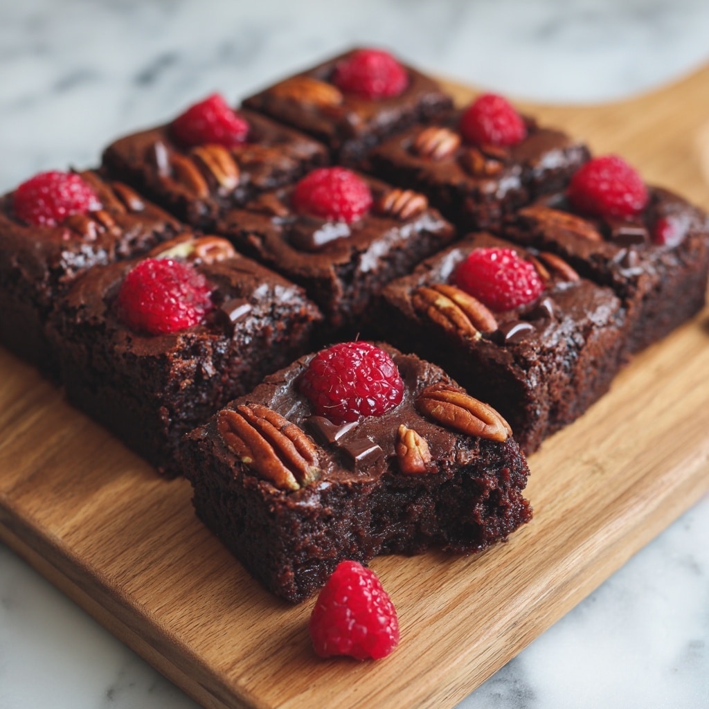 A white round plate sits on a white marbled surface holding two thick pieces of rich dark brown chocolate brownie with visible raspberry pieces embedded inside and a rough, slightly glossy texture. One brownie is upright, showing a cross-section filled with chunks of red raspberries and nuts, while the other lies flat topped with a smooth, scooped dollop of white vanilla ice cream. Bright red whole raspberries surround the brownies on the plate, and a small fresh green mint leaf peeks out near the ice cream. In the background, a wooden cutting board with the remaining brownies is softly out of focus. Photo taken with an iphone --ar 4:5 --v 7