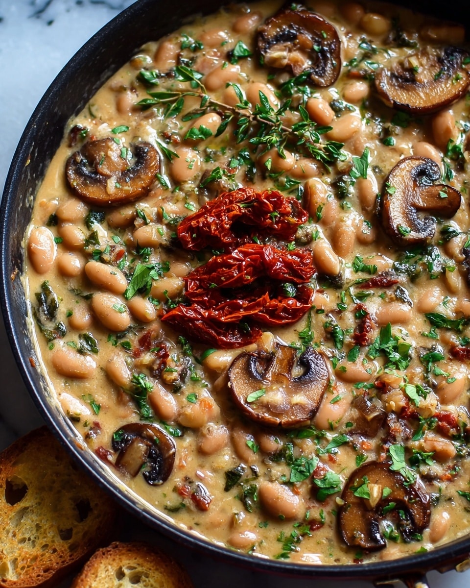 A close-up image shows a skillet filled with a creamy dish made from white beans and sliced mushrooms in a thick light brown sauce. The top layer contains whole white beans mixed evenly with medium-sized, cooked mushroom slices that have a slightly browned edge. Fresh green rosemary sprigs and small chopped green herbs are scattered across the surface for color contrast, along with a light sprinkle of red chili flakes. To the right edge of the skillet, a single toasted slice of bread with a golden crust and soft white inside leans against the side. The skillet sits on a white marbled surface. Photo taken with an iphone --ar 4:5 --v 7