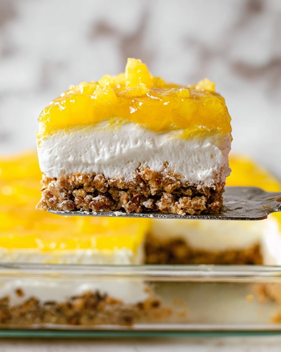 A square slice of dessert with three clear layers sits on a white plate against a white marbled background. The bottom layer is a crumbly brown crust made of small pieces, textured and chunky. Above this is a thick, smooth white cream layer, soft and even. The top layer is a bright yellow pineapple topping, slightly chunky and glossy, covering the cream completely. On top of the pineapple layer, there is a swirl of white whipped cream with a small, triangular piece of pineapple placed neatly at the center. In the blurred background, part of a glass of dark liquid and a small bowl with more pineapple pieces are visible. photo taken with an iphone --ar 4:5 --v 7