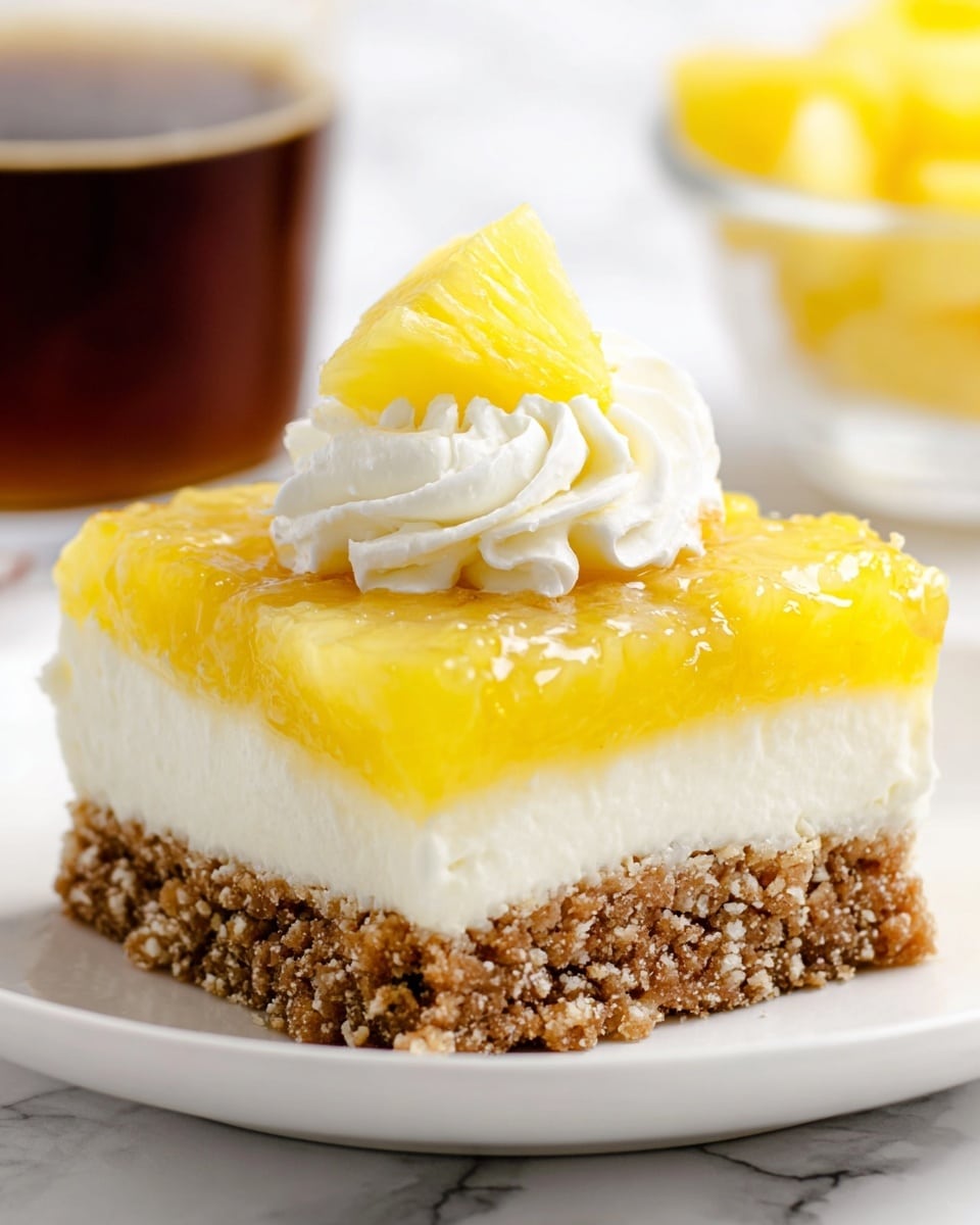 The image shows a slice of dessert being lifted by a metal spatula from a clear glass dish. The dessert has three visible layers: a bottom layer of crumbly, brown nutty crust with a rough texture, a thick middle layer of white creamy filling with a smooth and fluffy texture, and a top layer of bright yellow jelly or fruit topping with small chunks giving it a slightly uneven surface. The background is a soft white marbled texture, and the focus is on the slice with the dish slightly blurred behind. photo taken with an iphone --ar 4:5 --v 7