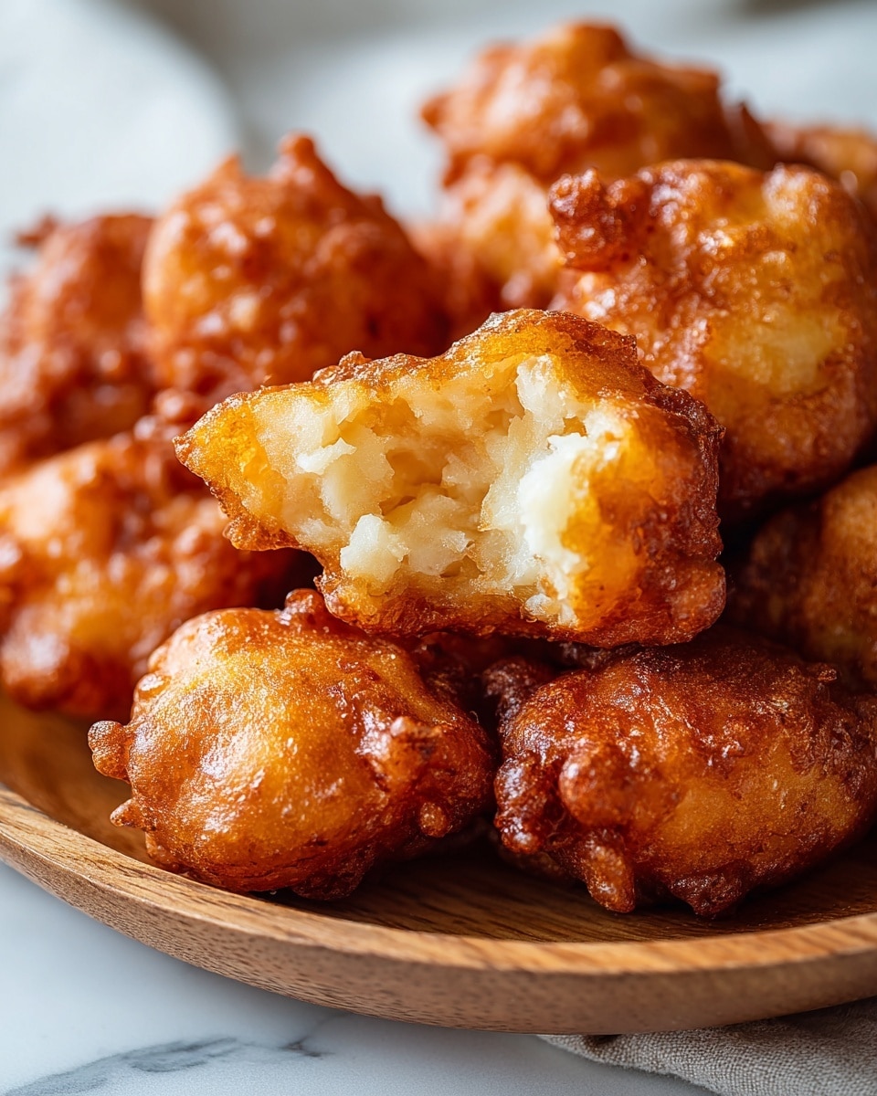 The image shows a close-up of a wooden plate filled with golden brown fried fritters. The fritters have a rough, crispy texture on the outside with a deep golden color and some darker browned spots. One fritter is broken open, revealing a soft, light, fluffy, and moist inside with a pale, creamy color. The fritters are piled on the plate, and the focus is sharp on the center fritters while the ones in the background are slightly blurred. The setting is on a white marbled surface. photo taken with an iphone --ar 4:5 --v 7
