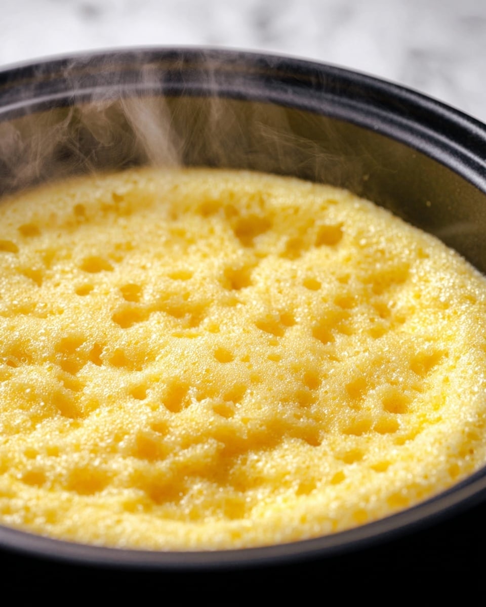 A close-up view of a single layer of bright yellow, fluffy, and porous steamed cornbread in a black pot, with steam gently rising from its soft, spongy surface filled with small and medium bubbles. The cornbread layer fills the entire round pot, showing tiny glistening spots that suggest moisture and warmth. The black pot's edge is smooth and slightly glossy, contrasting with the warm yellow cornbread inside. The background is a white marbled texture. photo taken with an iphone --ar 4:5 --v 7