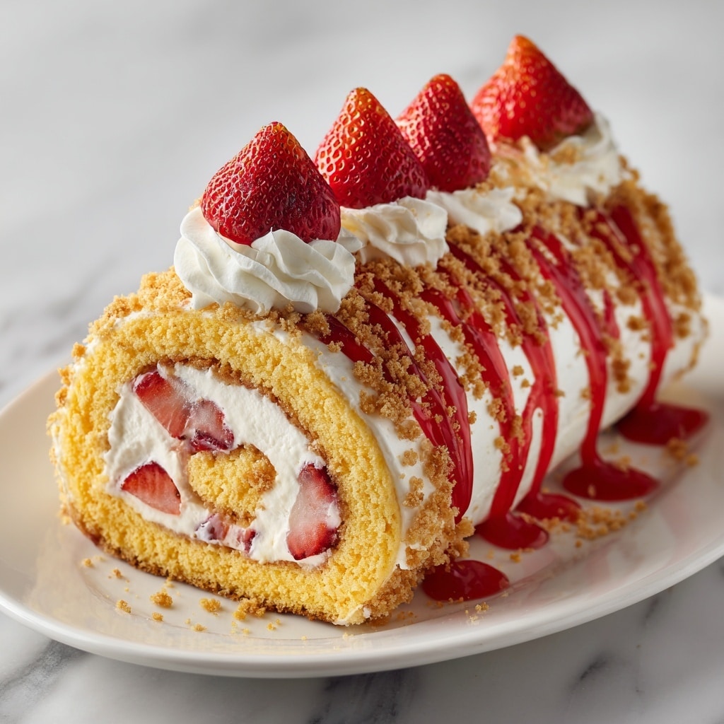 A rolled cake with a soft yellow sponge base, filled generously with white cream and swirls of bright red strawberry sauce, layered with small pieces of strawberries inside. The outside of the roll is covered in a shiny red strawberry glaze mixed with scattered crumbly tan cookie bits. On top, there are piped white cream swirls arranged in a line along the roll, each topped with whole and halved fresh strawberries. The roll sits on a wooden board with some red strawberry sauce dripping from the sides, and the background is a white marbled texture. Photo taken with an iphone --ar 4:5 --v 7