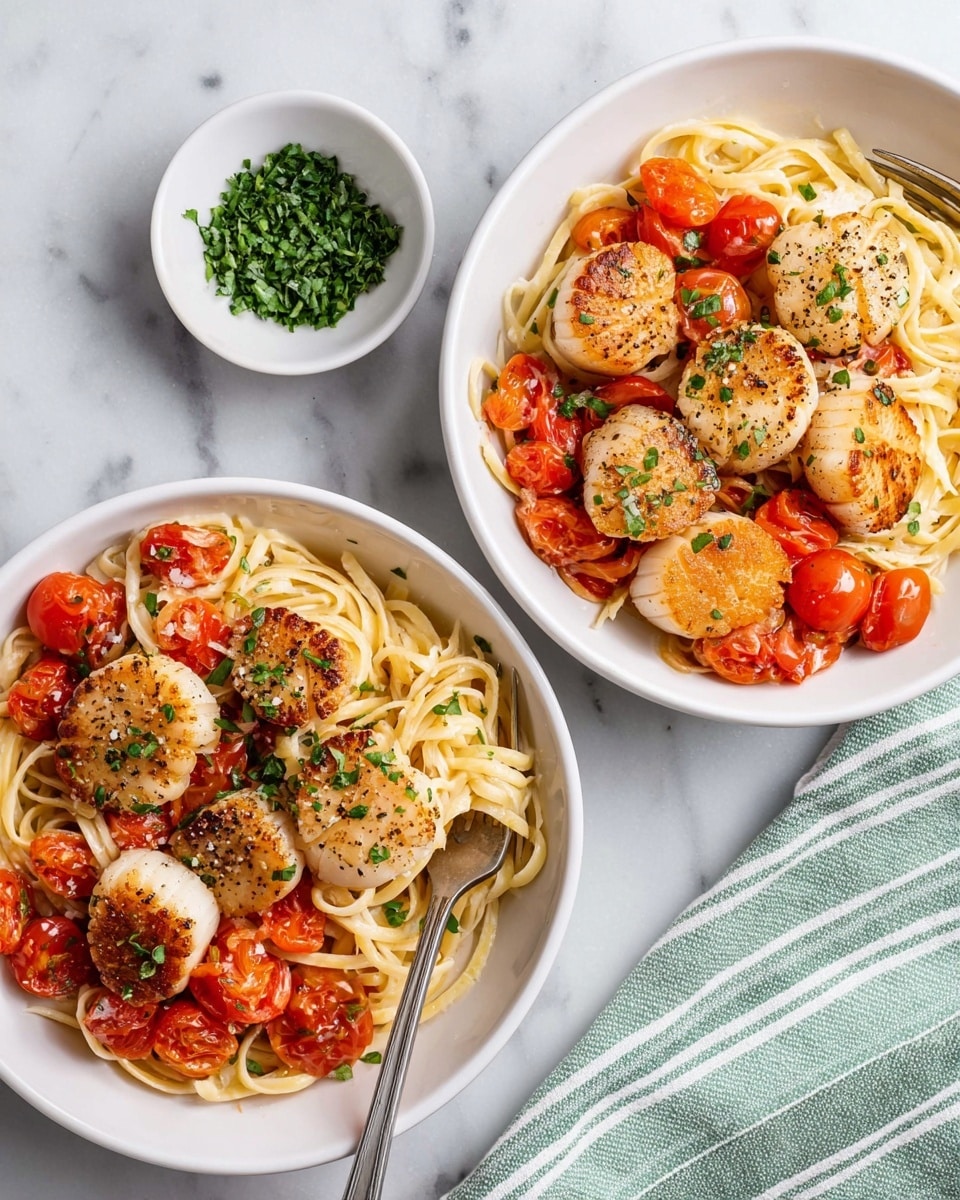 Two white bowls sit on a white marbled surface, each filled with a pasta dish made of creamy yellow linguine noodles mixed with bright red halved cherry tomatoes and topped with six golden-brown seared scallops per bowl, seasoned with black pepper and sprinkled with chopped green herbs. A silver fork rests on the edge of the bowl closer to the bottom, with some noodles entwined around its tines. To the left is a small white bowl filled with finely chopped green herbs, and a green and white striped cloth is partially visible on the right side. The overall scene is bright with natural light, showing the textures of the pasta, scallops, and tomatoes clearly, photo taken with an iphone --ar 4:5 --v 7
